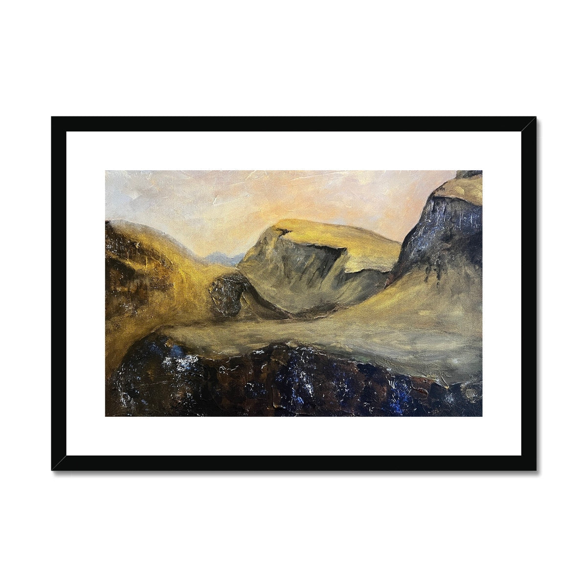 Framed abstract landscape painting with earthy tones in The Quiraing Mounted Print