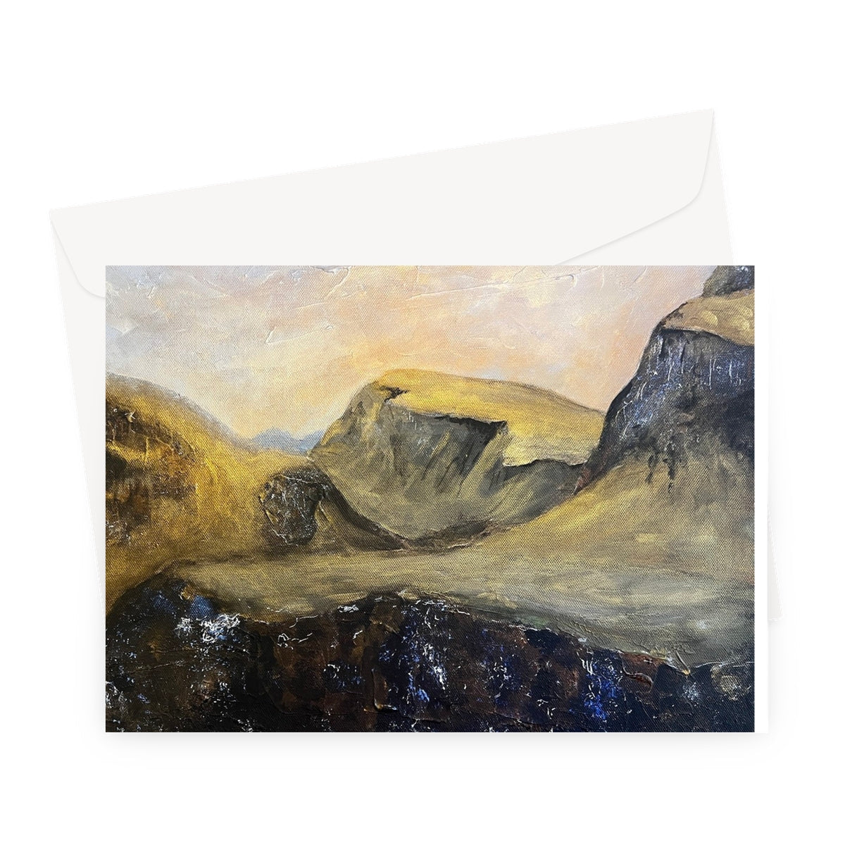 Textured landscape painting of mountains and valleys on The Quiraing Greeting Card