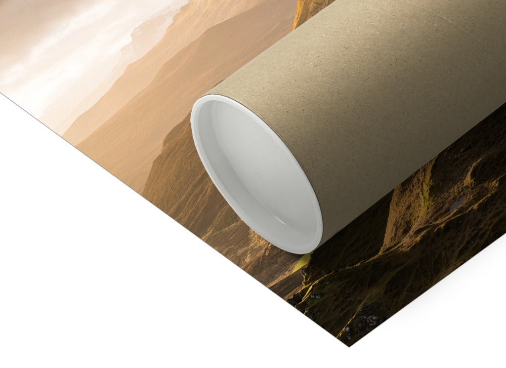 Quiraing Sunrise fine art print with beige cardboard tube on poster corner