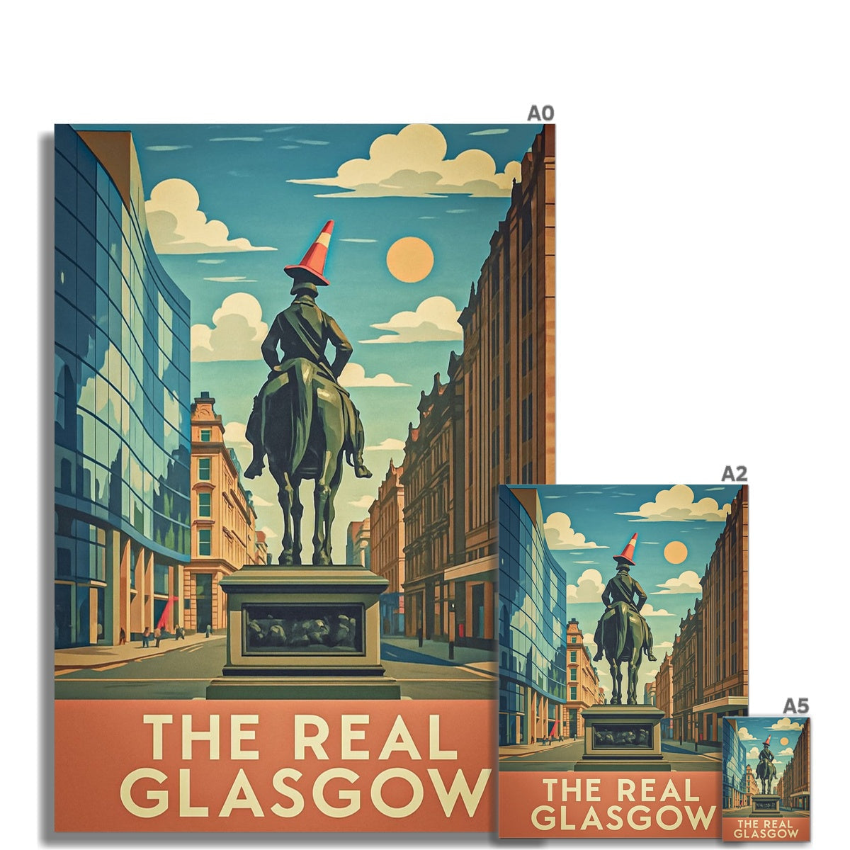 Vintage poster of bronze equestrian statue with red cone in Glasgow cityscape