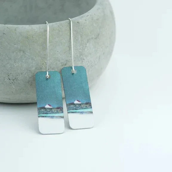 Red Croft Barra rectangular teal and white enamel coastal earrings