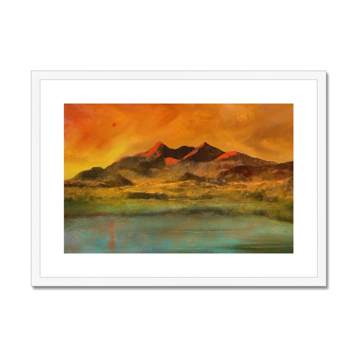 White framed Cuillin lake art print in orange yellow hues