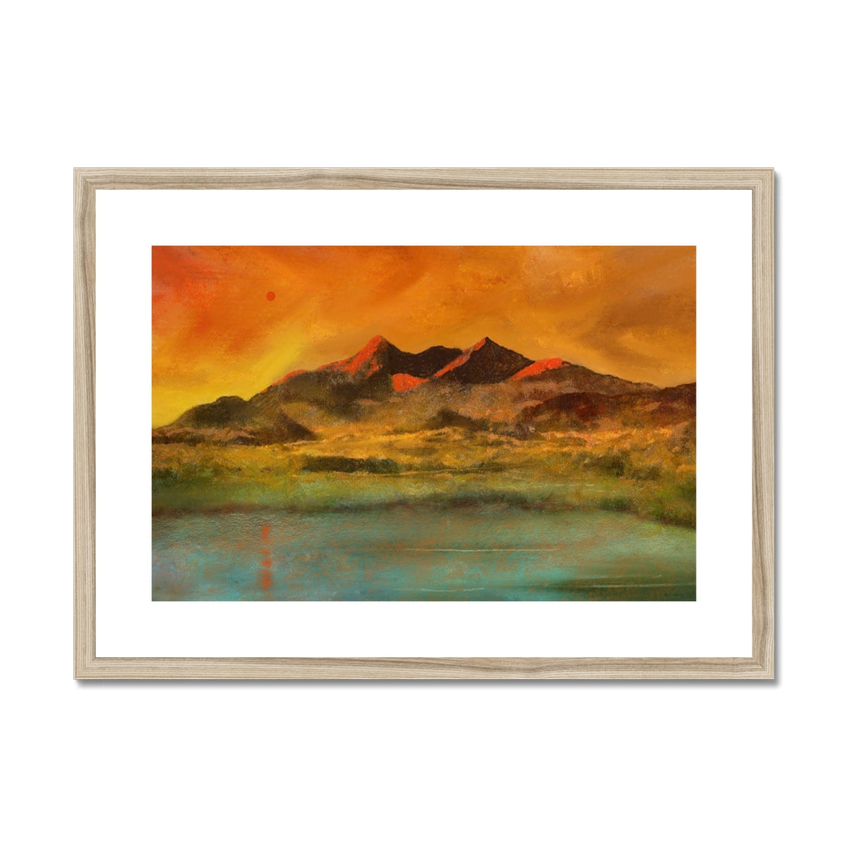 Red Moon Cuillin Art Print: Sunset Over Wooden-Framed Mountain Peaks