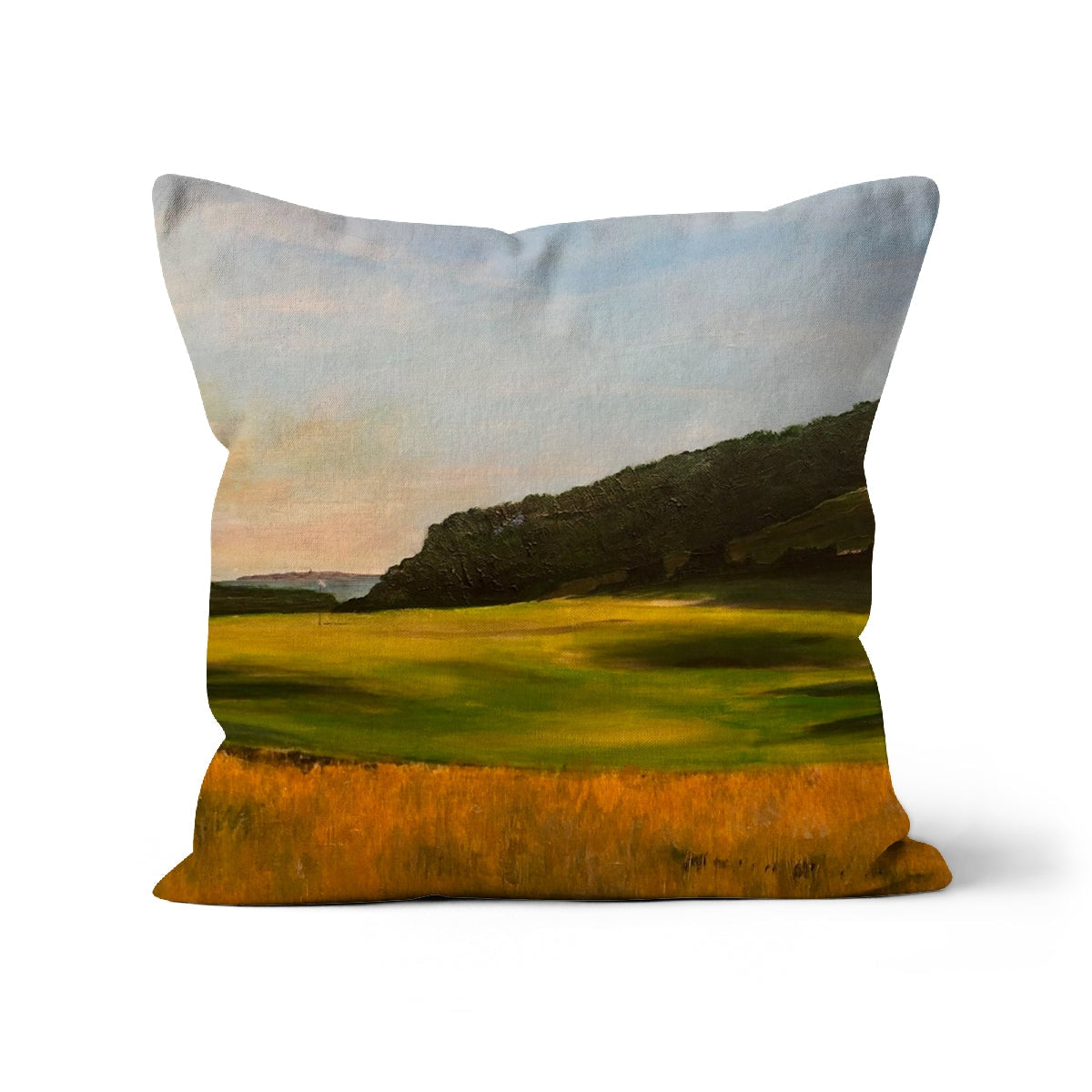 Renaissance Golf Club square cushion with printed rolling green hills, golden fields, and soft blue sky