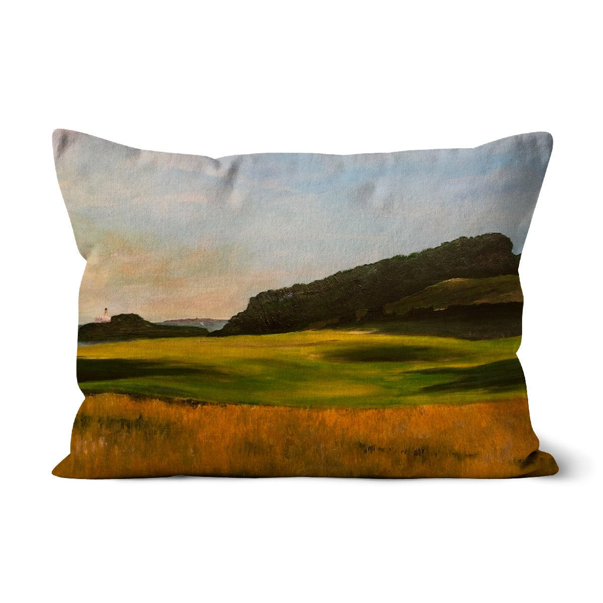 Renaissance Golf Club rectangular cushion with painted green hills and lighthouse