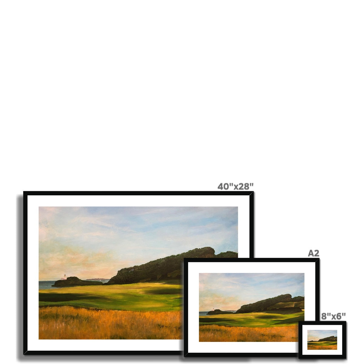 40x28 inch black-framed Renaissance Golf Club landscape print with golden grass and green hills