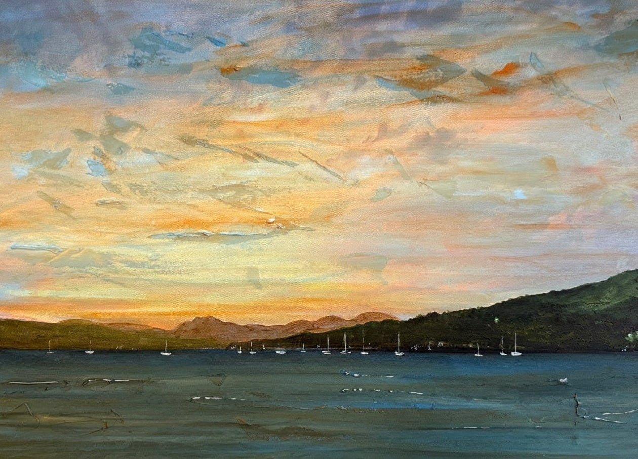 Impressionistic seascape painting titled Rhu Dusk Original Painting on display