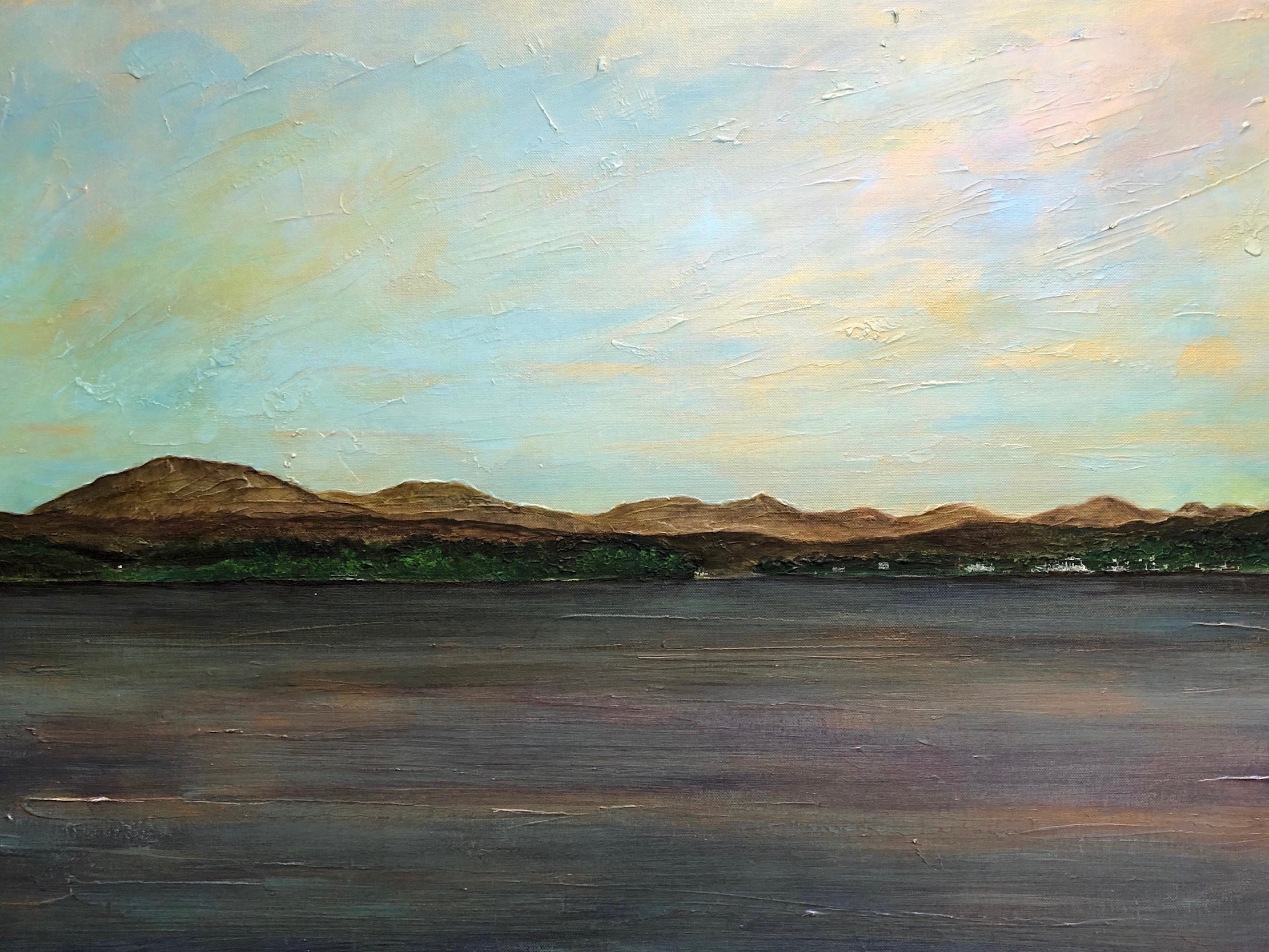 Impressionistic painting of a lake with mountains and cloudy sky for Rhu Original Painting