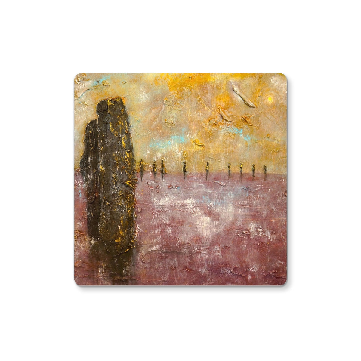 Gold textured Ring Of Brodgar Mist square coaster with cactus silhouette