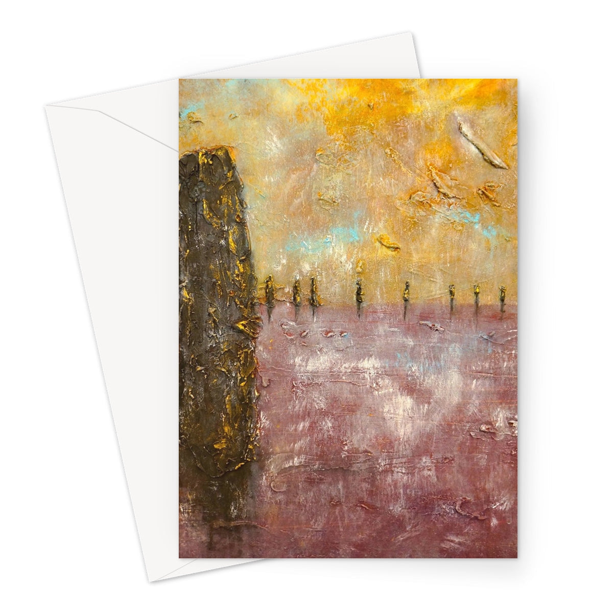 Ring of Brodgar Mist abstract greeting card with earthy tones and gold accents