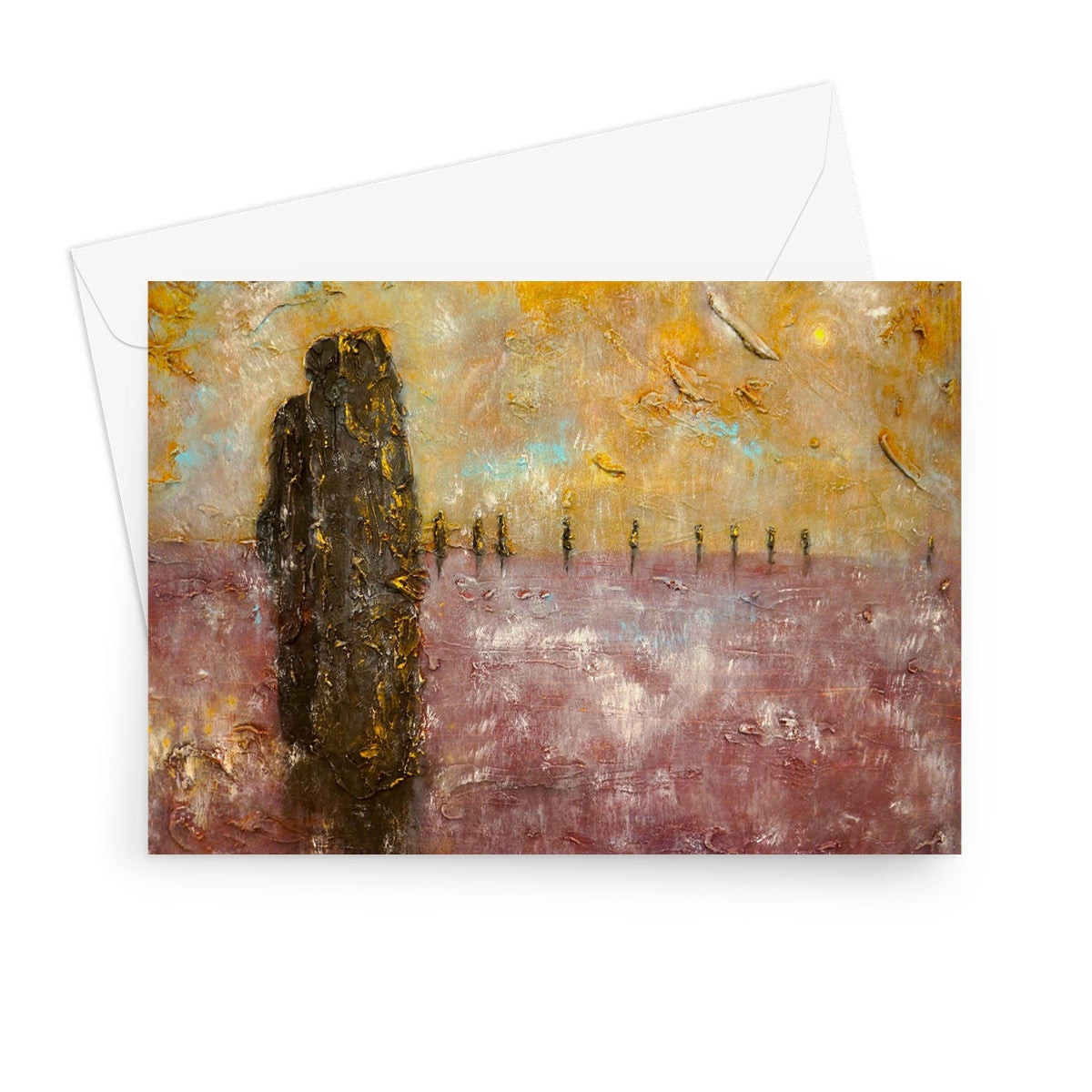 Ring of Brodgar Mist greeting card: gold and purple abstract textured art