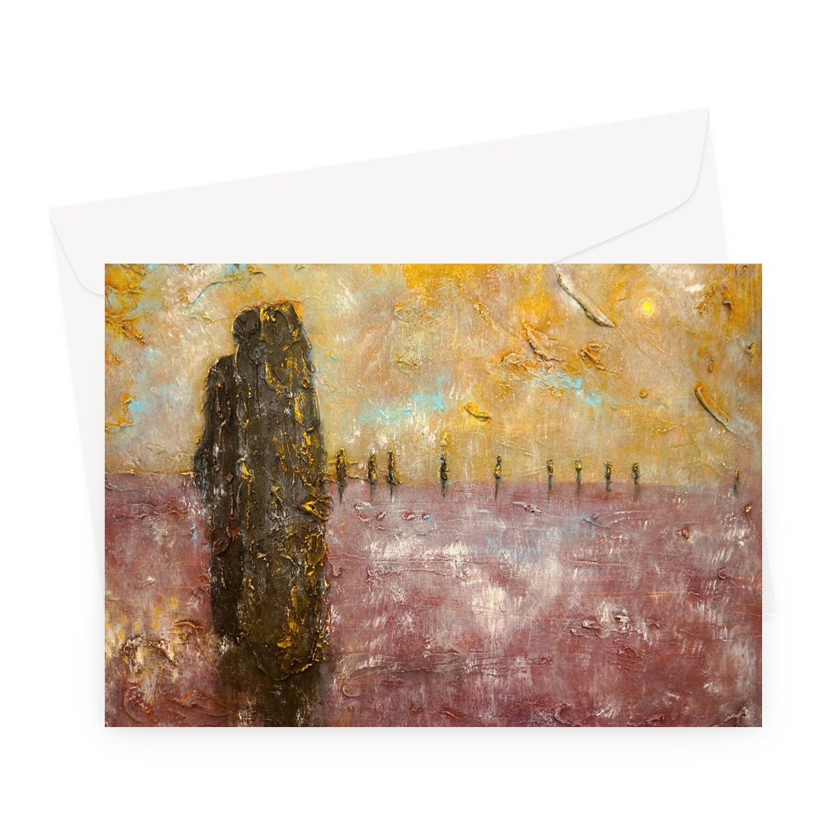 Ring of Brodgar Mist greeting card with abstract textured vibrant silhouette art