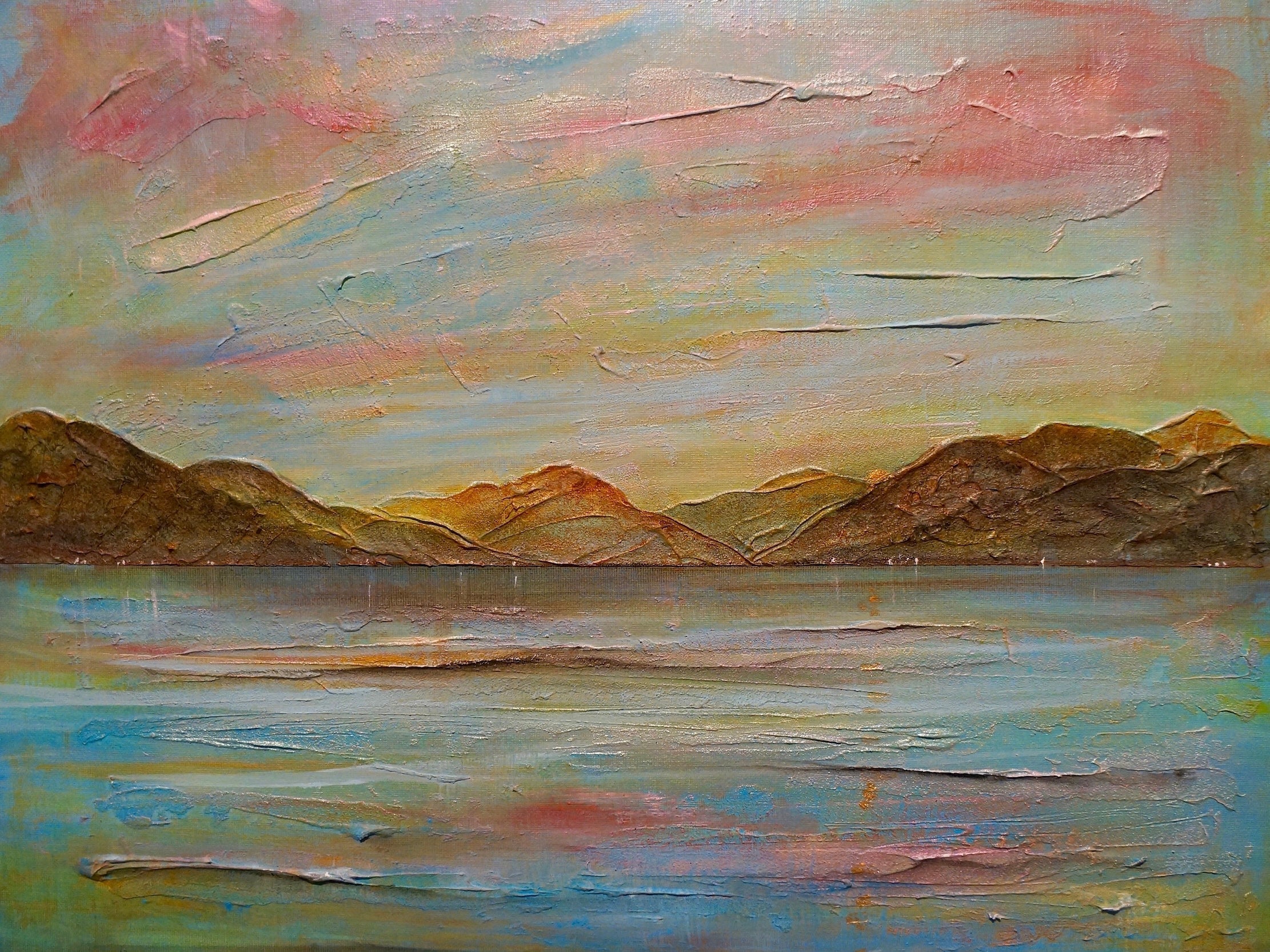 Impasto oil painting of River Clyde autumn seascape at sunset featuring mountains