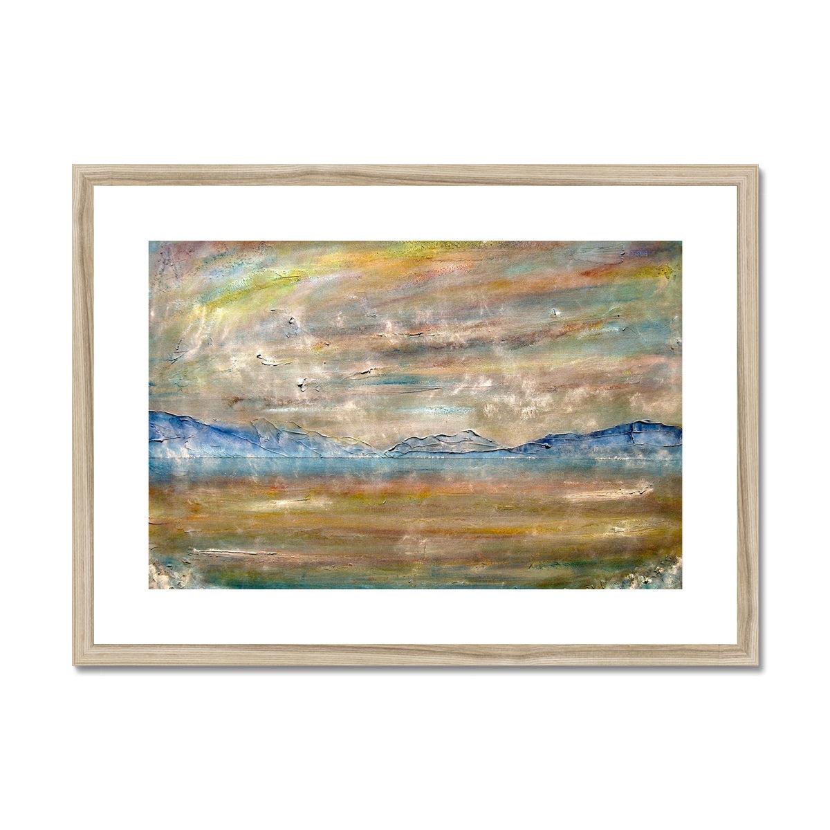 River Clyde Mist: Wooden-framed abstract landscape art print in earthy tones