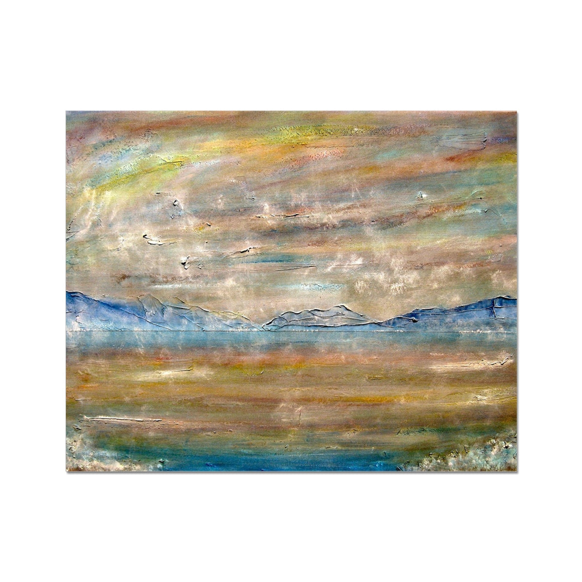 River Clyde Mist abstract print: earthy hills in blues, greens, golden sky