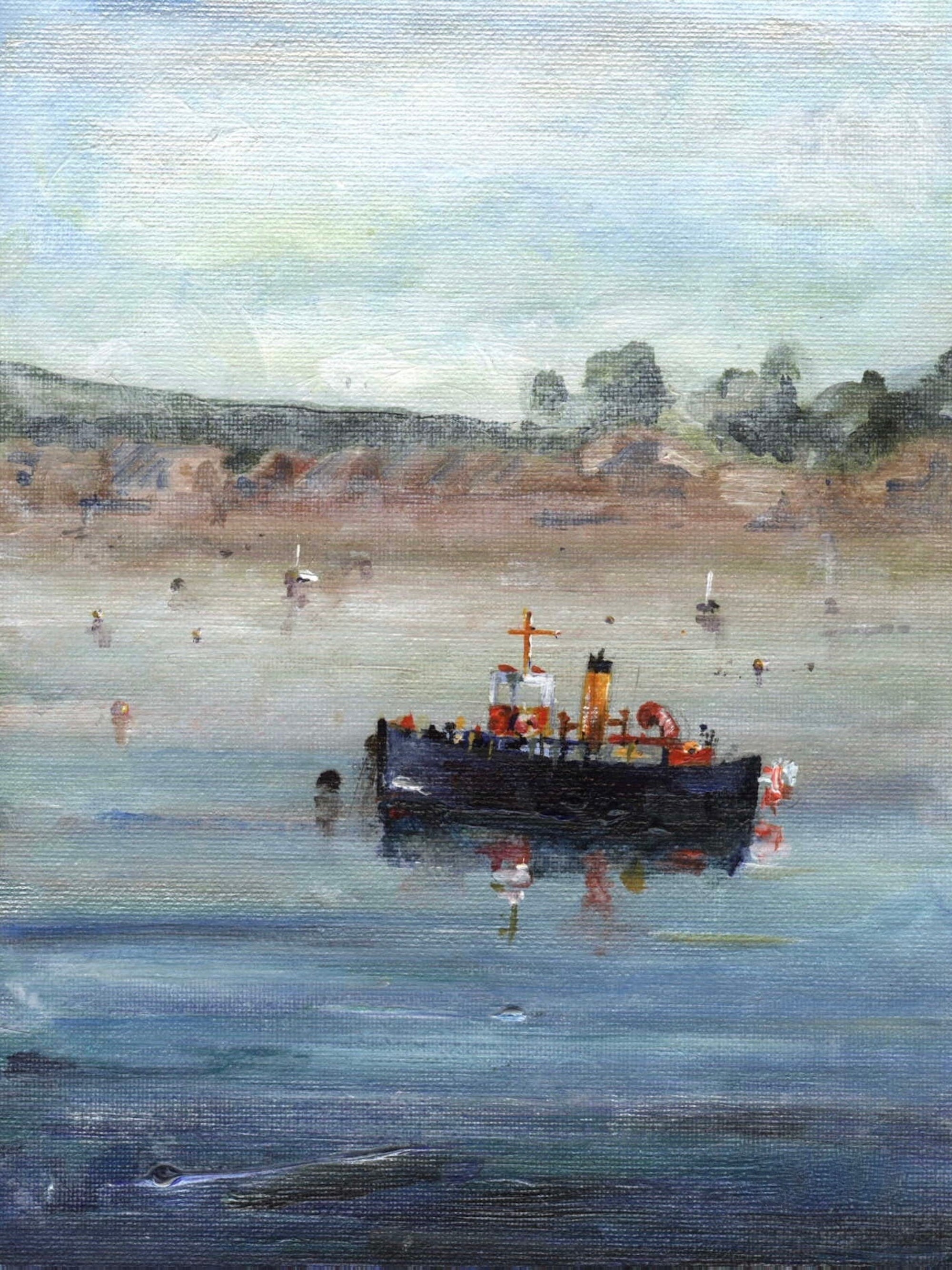 River Clyde Tug original painting featuring a dark-hulled boat with yellow smokestack and orange accents