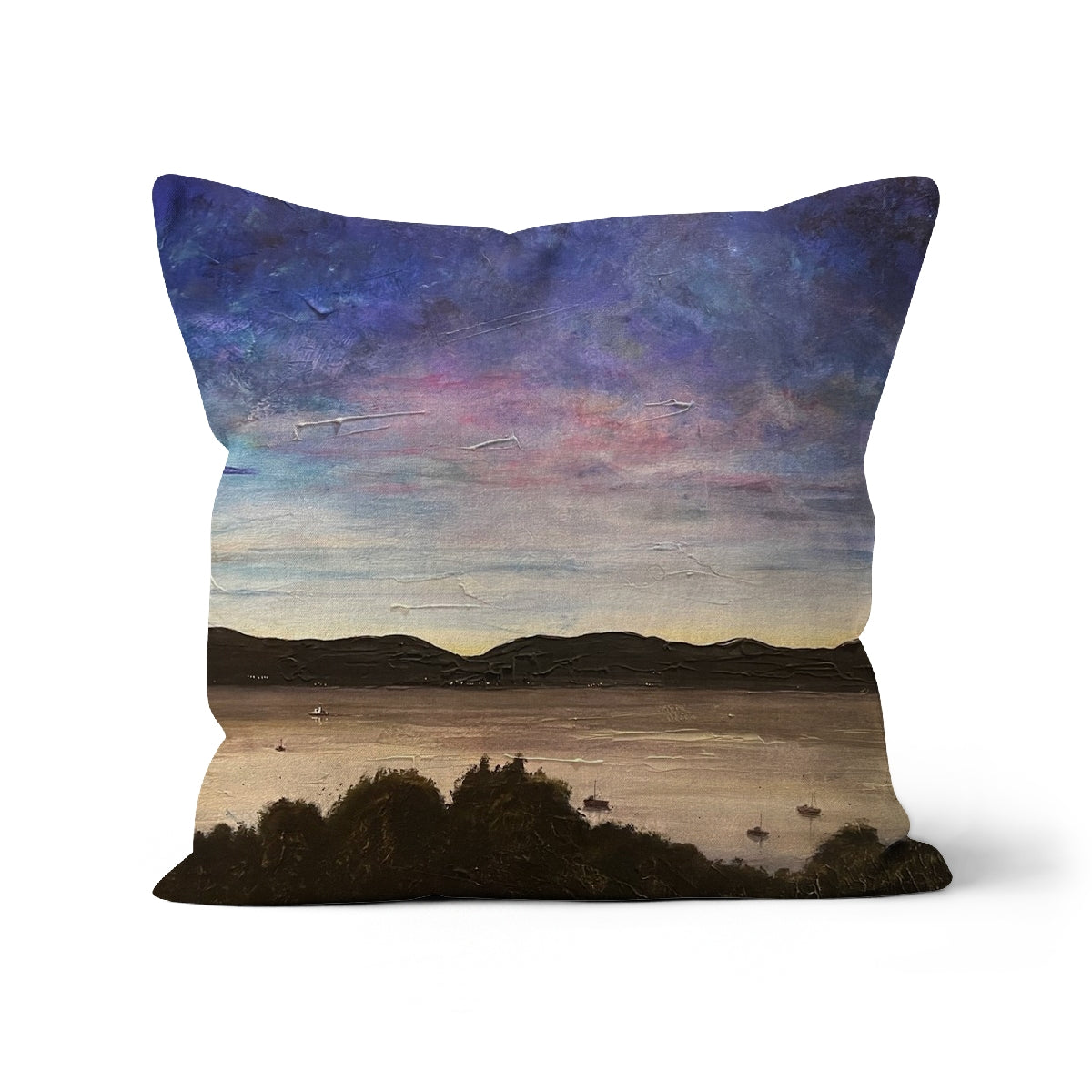 River Clyde Twilight Art Gifts Cushion-Cushions-River Clyde Art Gallery-Canvas-12"x12"-Paintings, Prints, Homeware, Art Gifts From Scotland By Scottish Artist Kevin Hunter