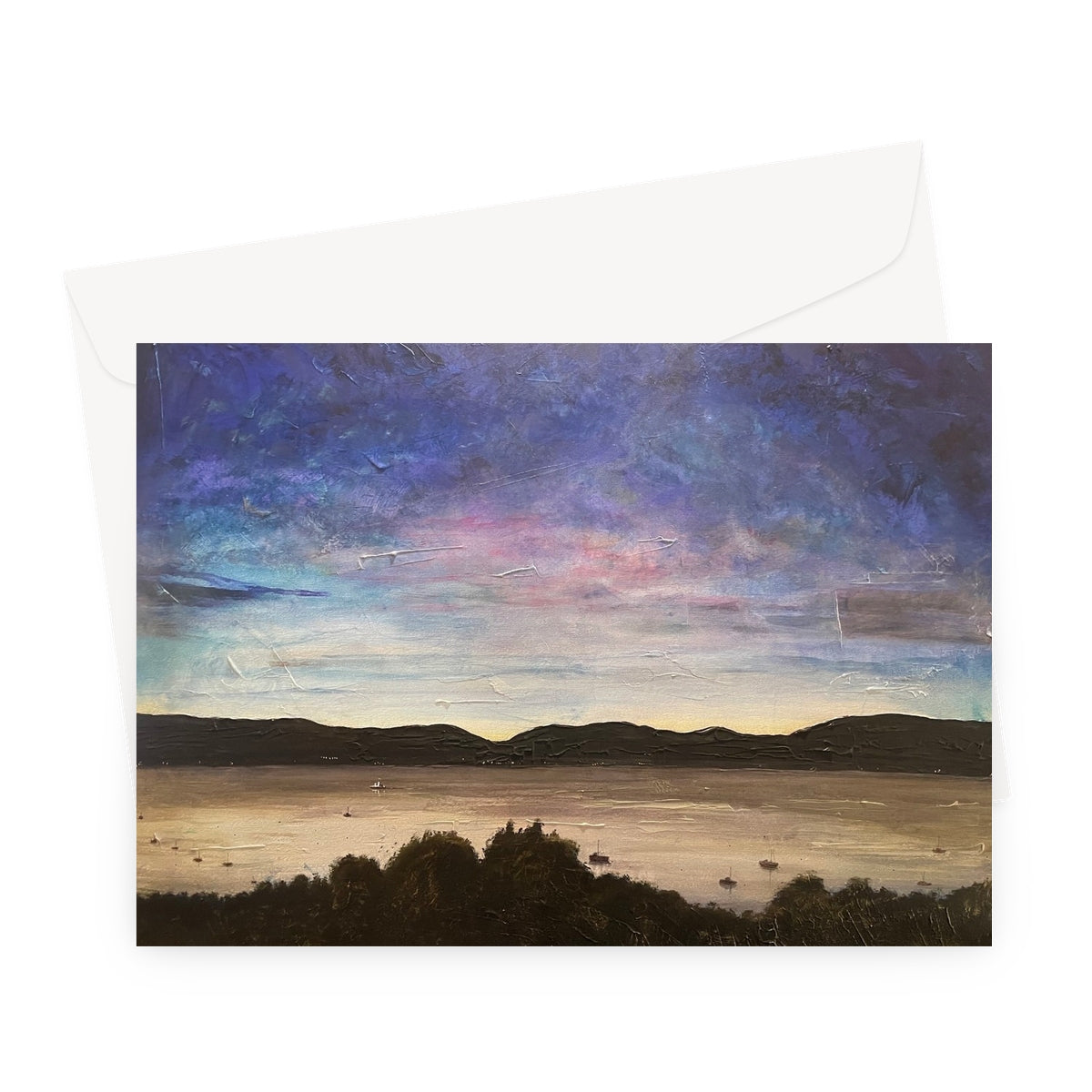 River Clyde Twilight Art Gifts Greeting Card-Stationery-River Clyde Art Gallery-A5 Landscape-1 Card-Paintings, Prints, Homeware, Art Gifts From Scotland By Scottish Artist Kevin Hunter