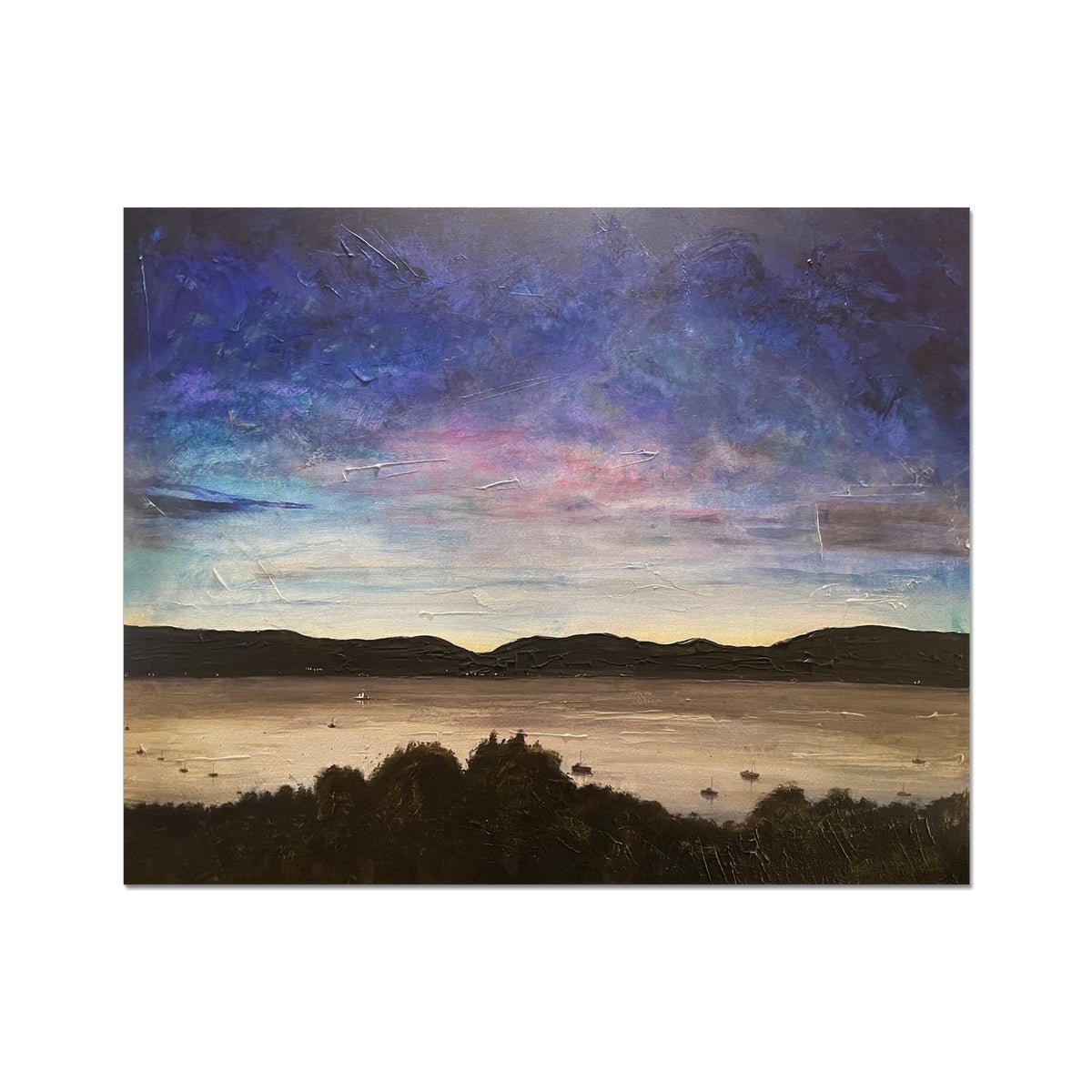 Oil painting of a sunset over River Clyde with mountains and foliage in Artist Proof print