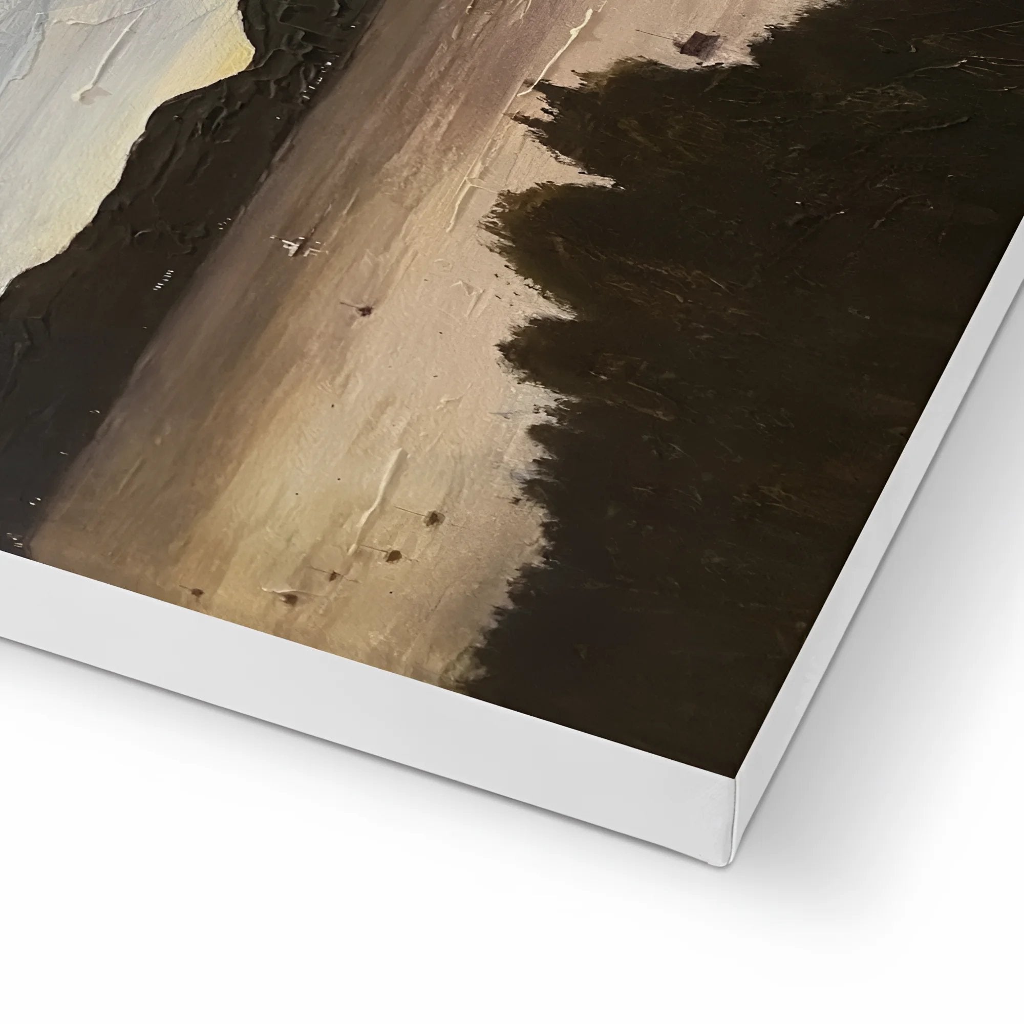 Framed River Clyde Twilight Canvas featuring abstract dark and light brown tones