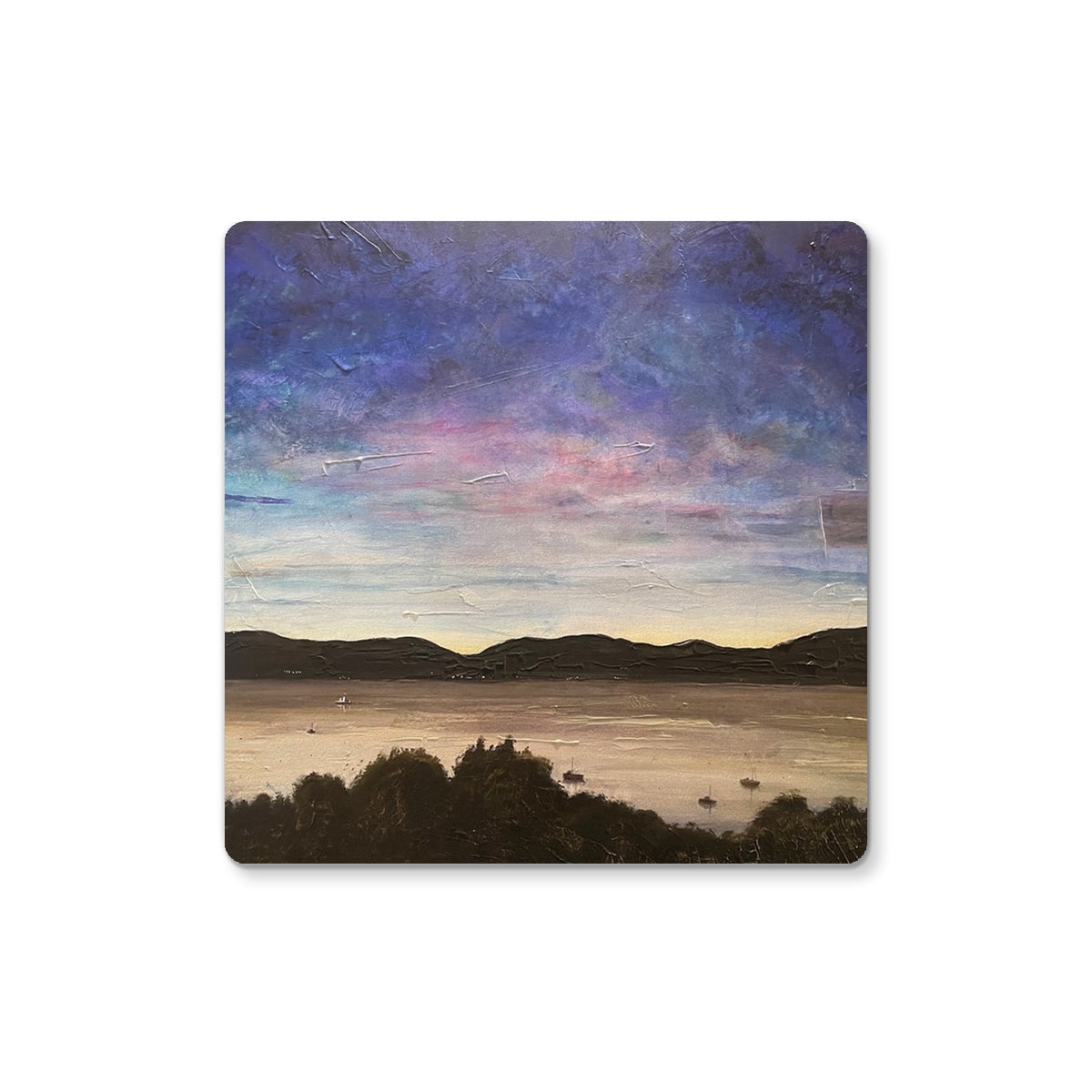 Square landscape painting of a vibrant purple and pink sky over calm water and dark hills for River Clyde Twilight Coaster
