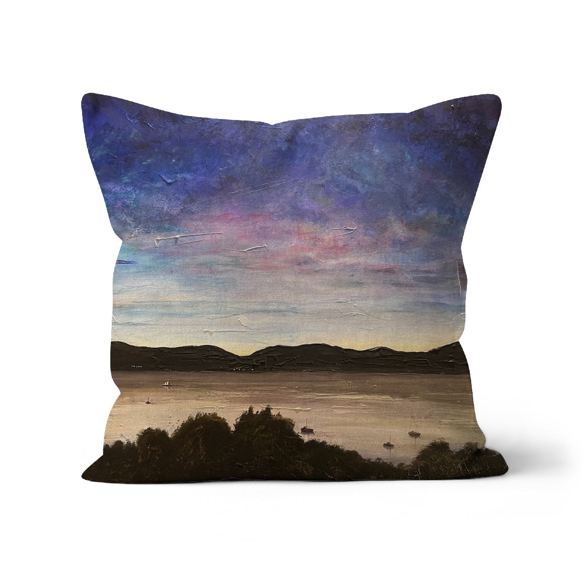 River Clyde Twilight Cushion featuring a pillow with a painted landscape design