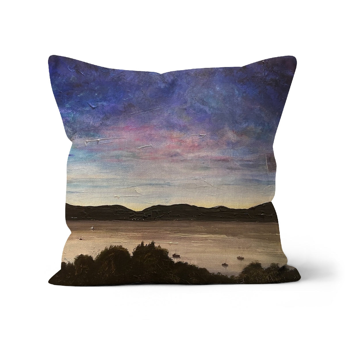 Square throw pillow featuring a painted landscape of Lake at Dusk for River Clyde Twilight Cushion