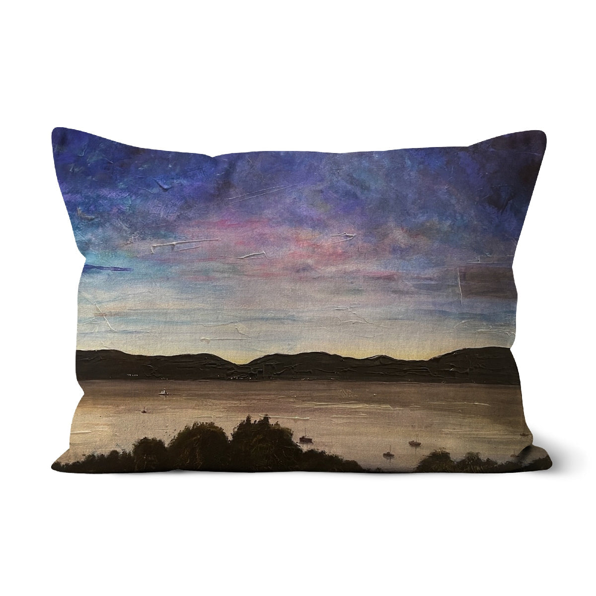 Rectangular River Clyde Twilight Cushion with painted landscape of water, mountains, and colorful sky