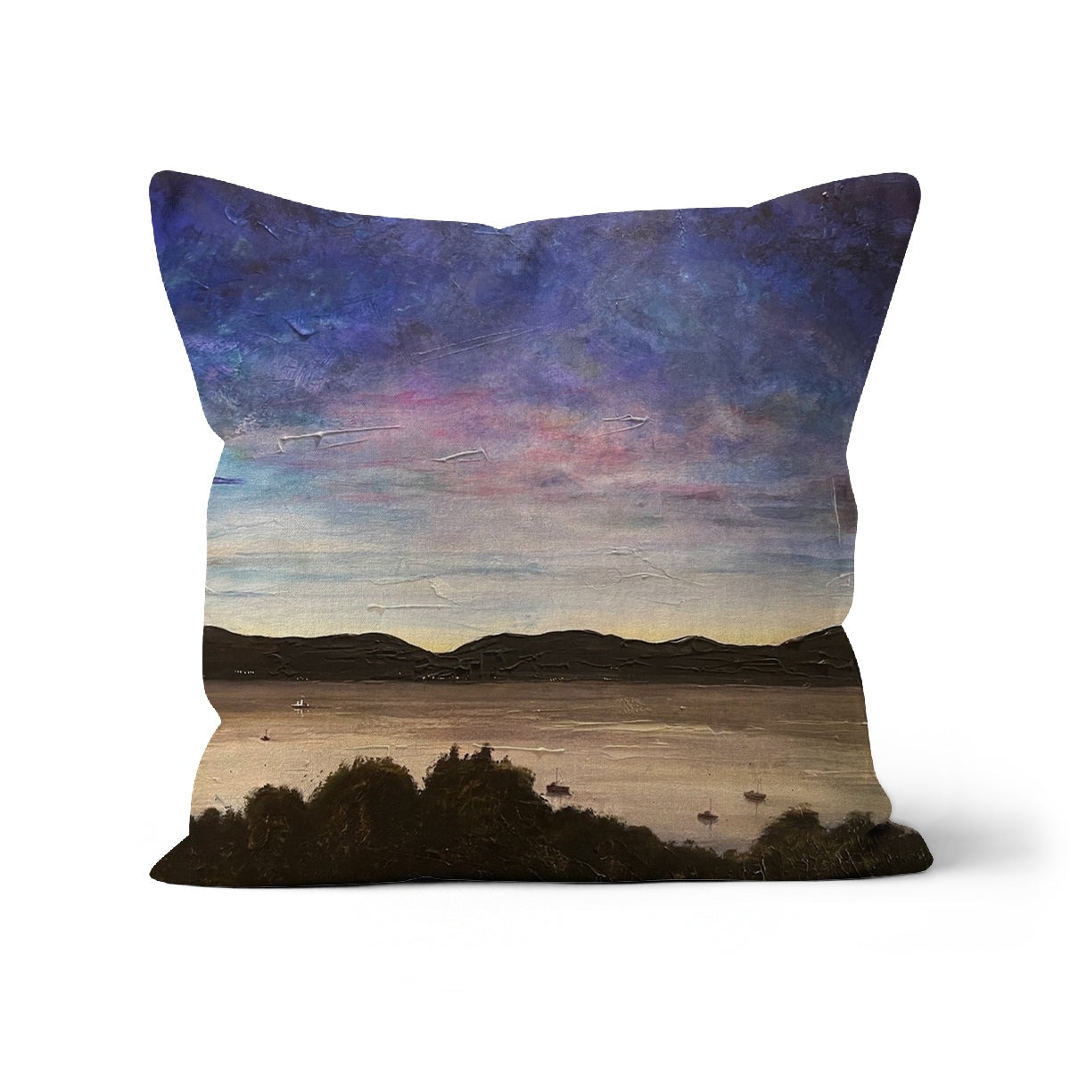 Decorative River Clyde Twilight Cushion with landscape painting of a lake at dusk