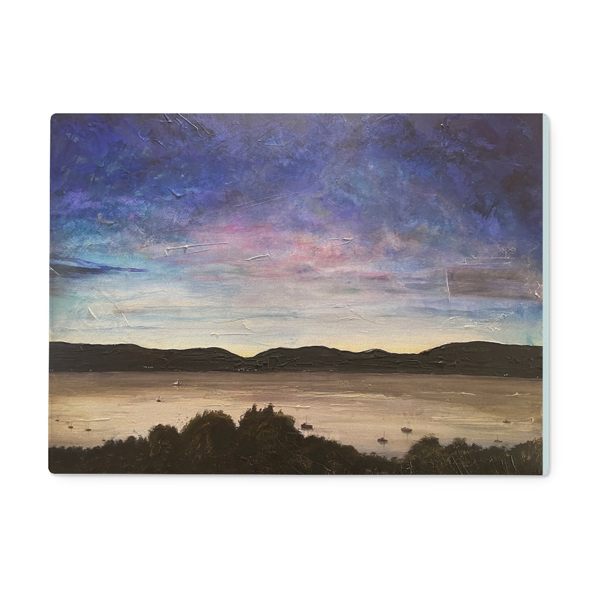 Oil painting of a sunset over a lake with mountains, on the River Clyde Twilight Glass Chopping Board