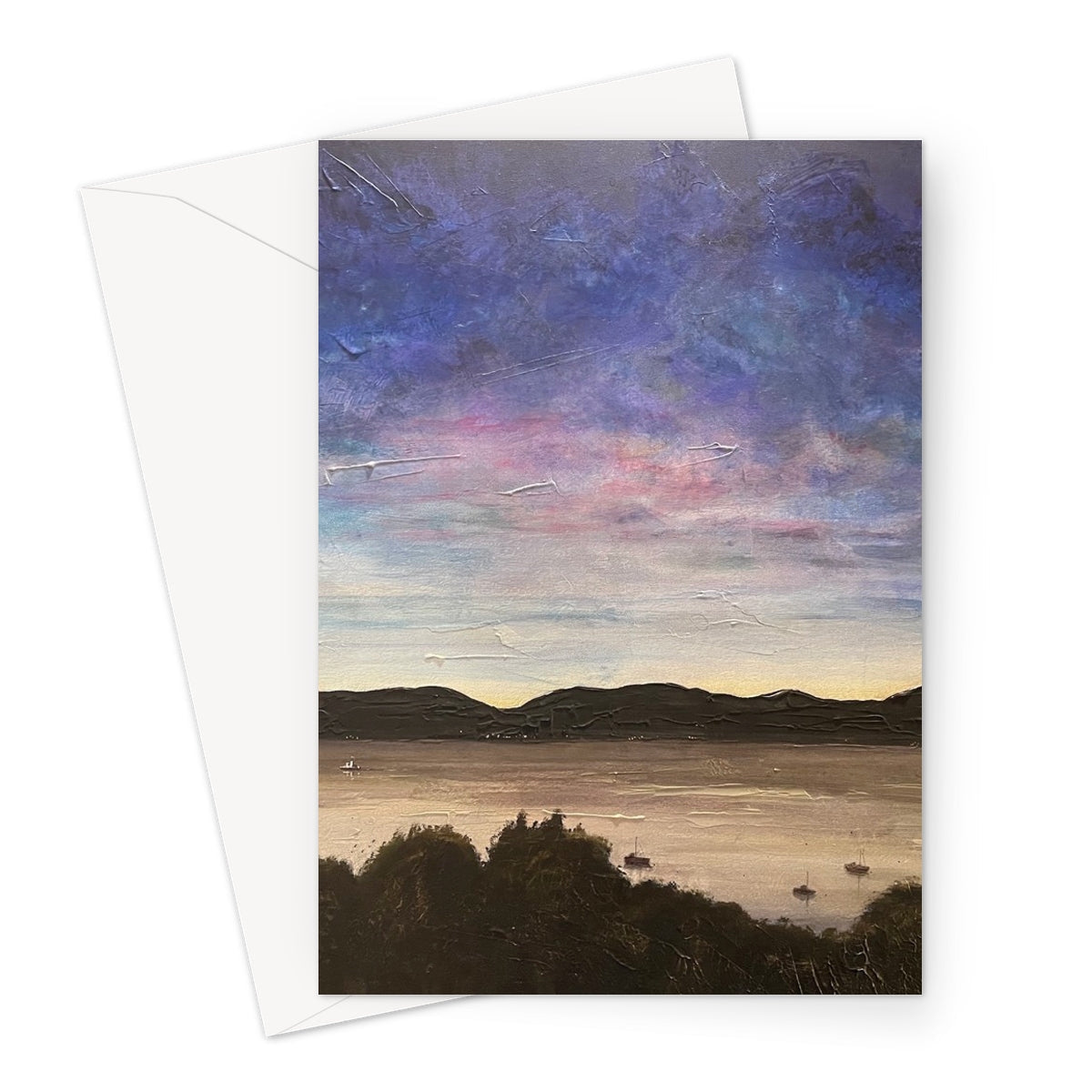 Vertical River Clyde Twilight Greeting Card featuring impressionistic sunset over water and mountains