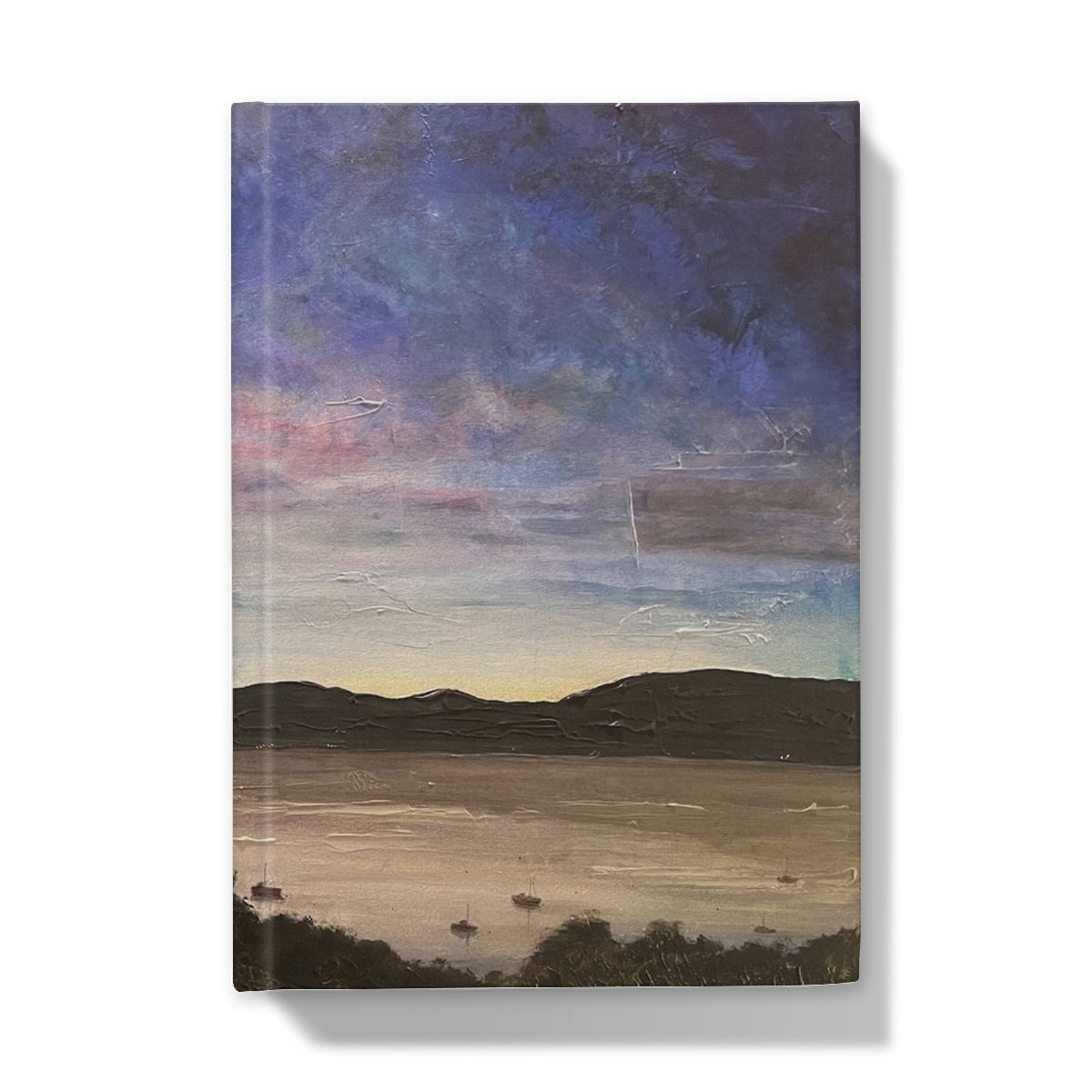 Textured oil painting of a sunset over River Clyde with hills and boats on the journal cover