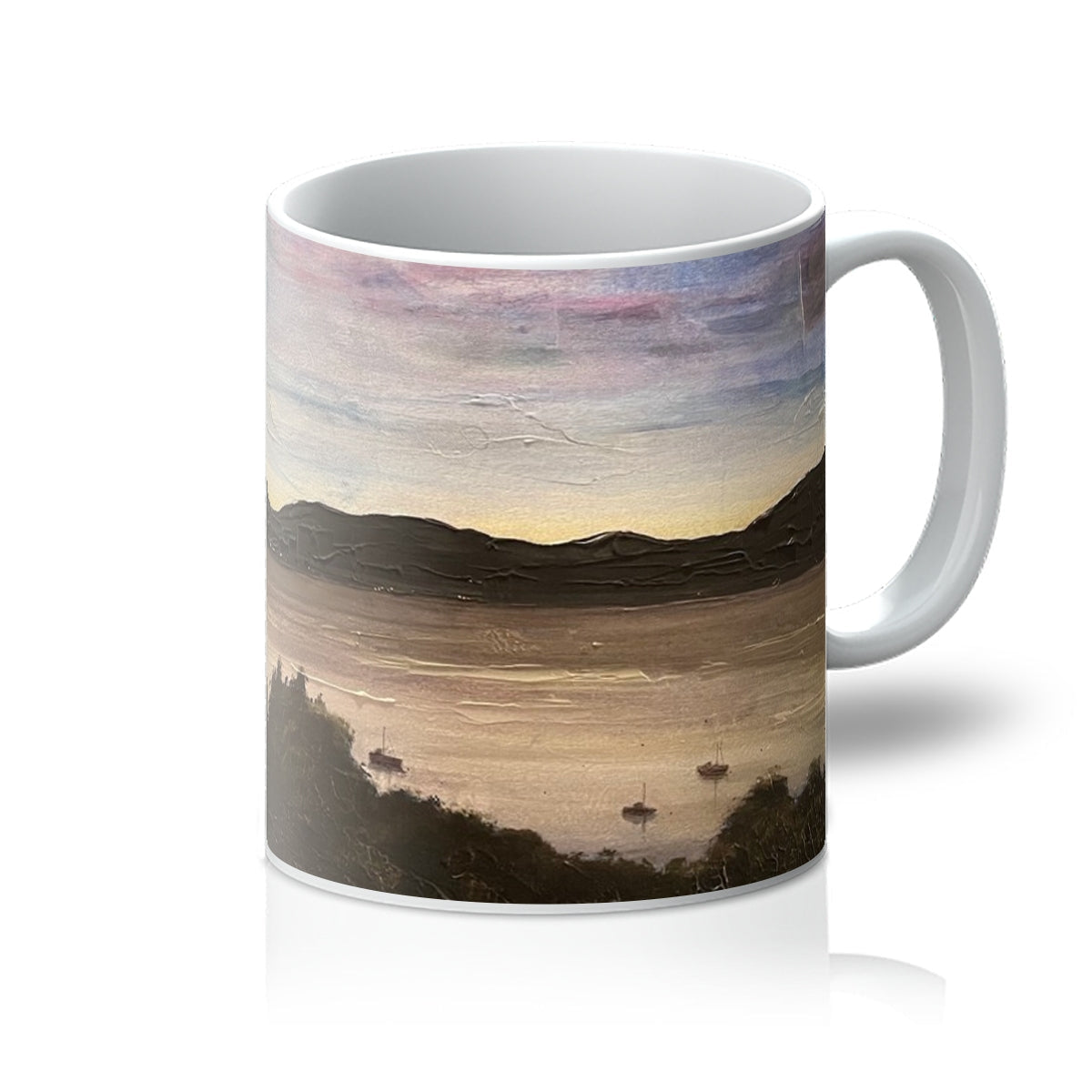 White ceramic River Clyde Twilight Mug with painted sunset lake landscape