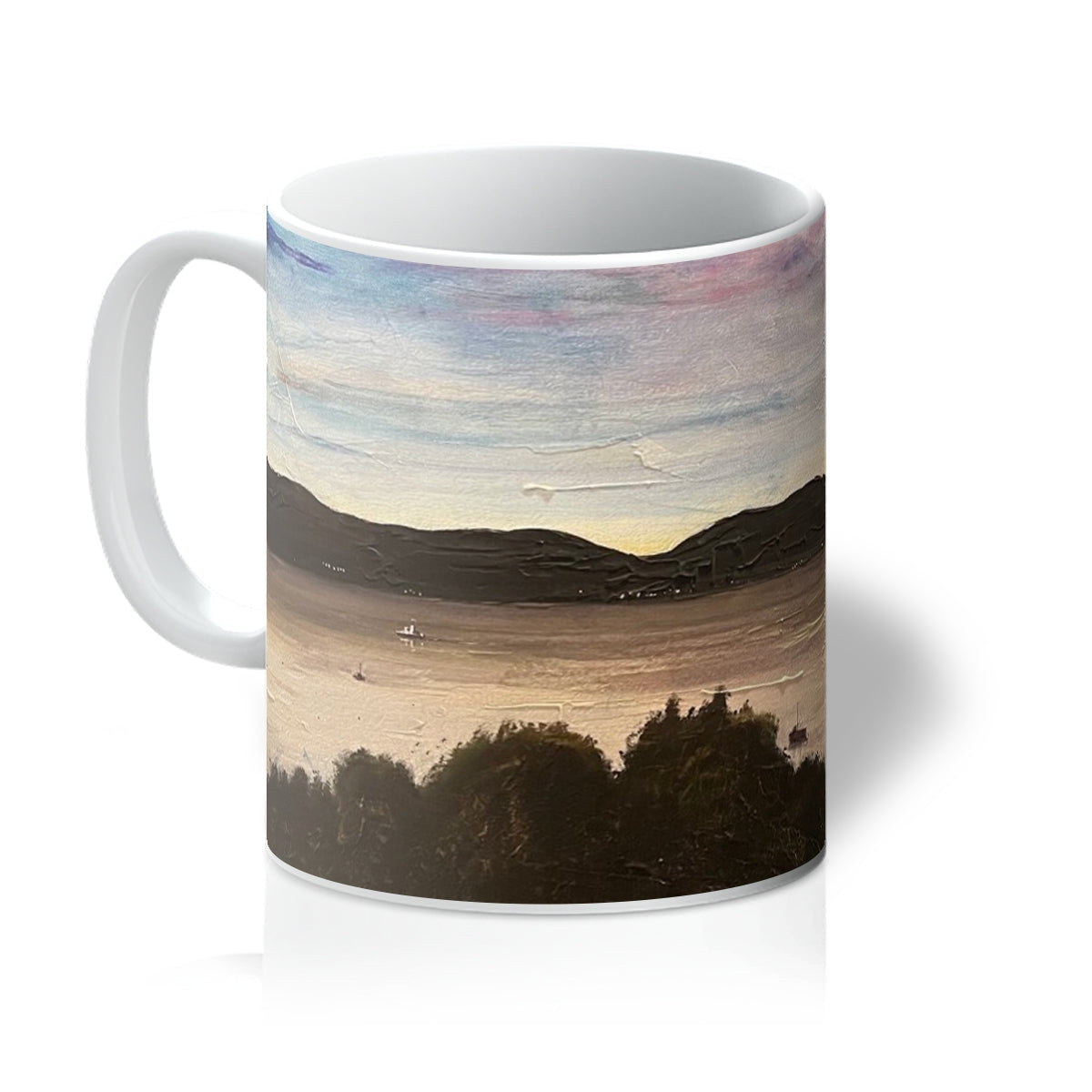 White ceramic River Clyde Twilight Mug featuring impressionistic landscape painting design