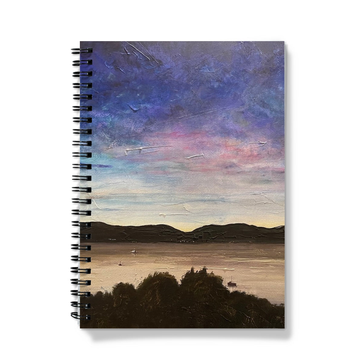 Spiral-bound River Clyde Twilight Notebook featuring impressionistic landscape cover art