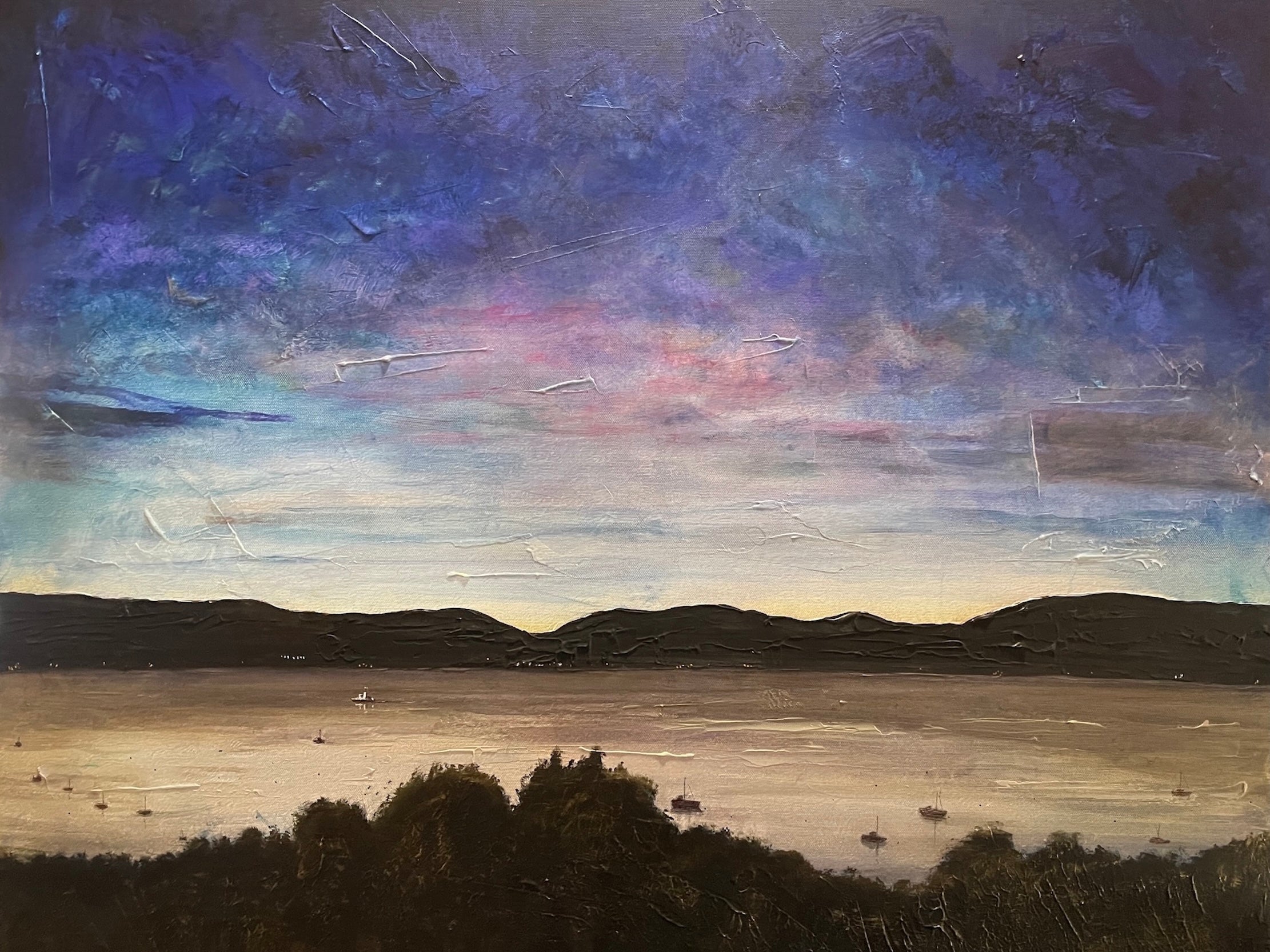 River Clyde Twilight Original Painting of a serene twilight seascape with mountains and boats
