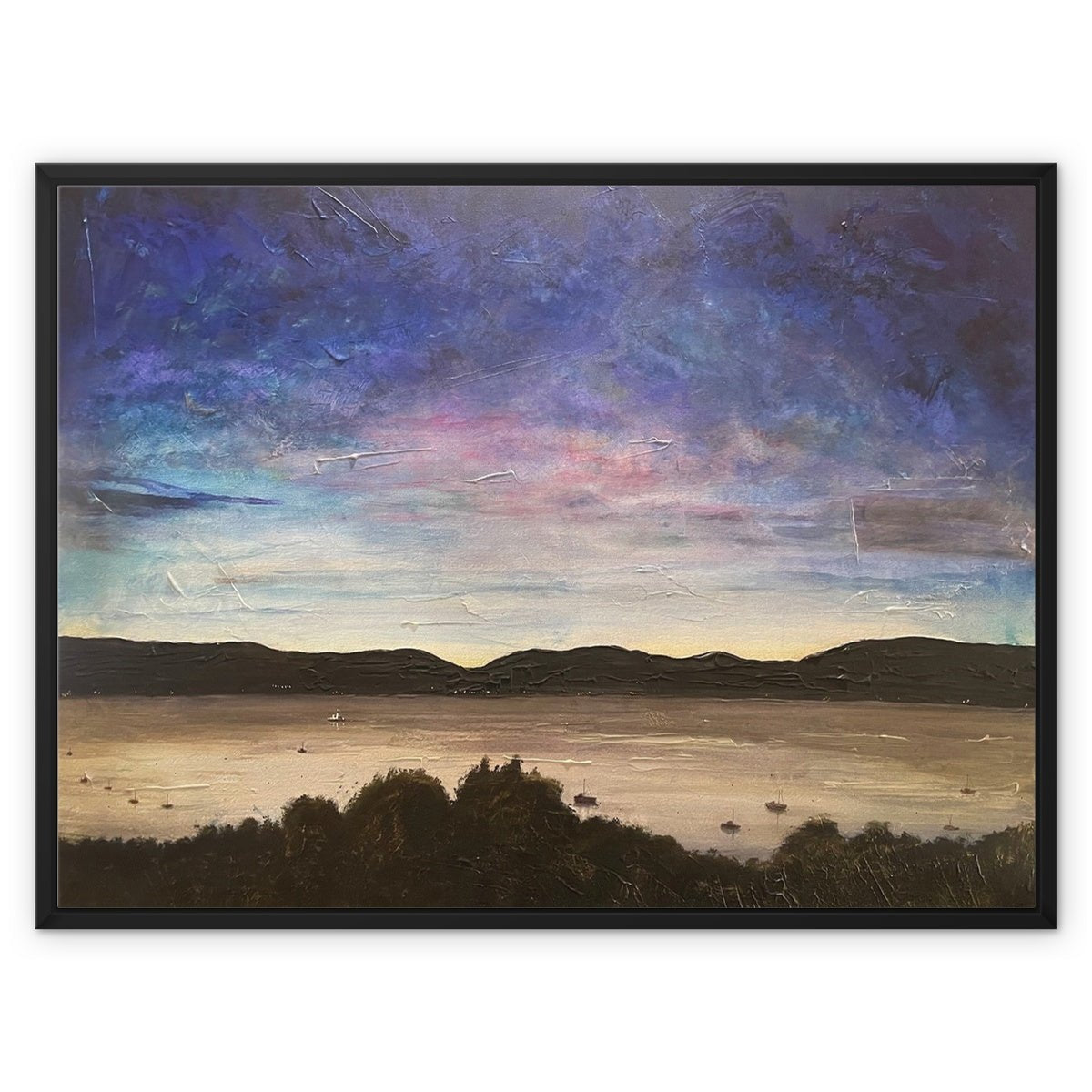 River Clyde Twilight Painting | Framed Canvas From Scotland-Floating Framed Canvas Prints-River Clyde Art Gallery-32"x24"-Black Frame-Paintings, Prints, Homeware, Art Gifts From Scotland By Scottish Artist Kevin Hunter