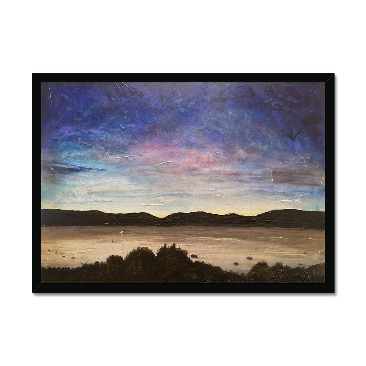 River Clyde Twilight Painting | Framed Prints From Scotland-Framed Prints-River Clyde Art Gallery-A2 Landscape-Black Frame-Paintings, Prints, Homeware, Art Gifts From Scotland By Scottish Artist Kevin Hunter