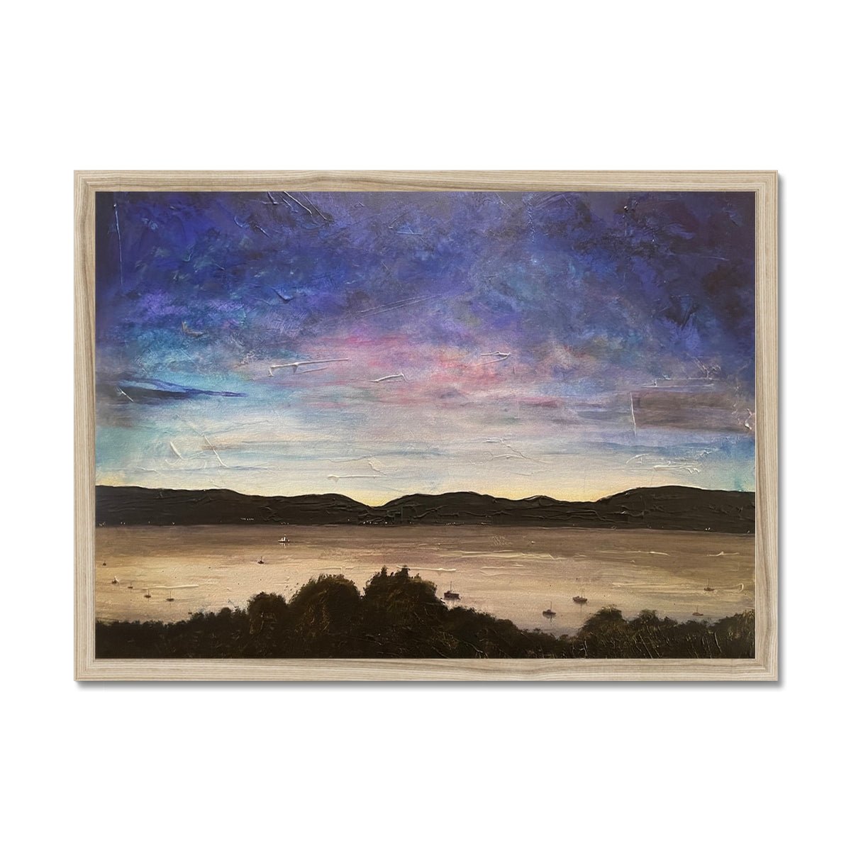 River Clyde Twilight Painting | Framed Prints From Scotland-Framed Prints-River Clyde Art Gallery-A2 Landscape-Natural Frame-Paintings, Prints, Homeware, Art Gifts From Scotland By Scottish Artist Kevin Hunter
