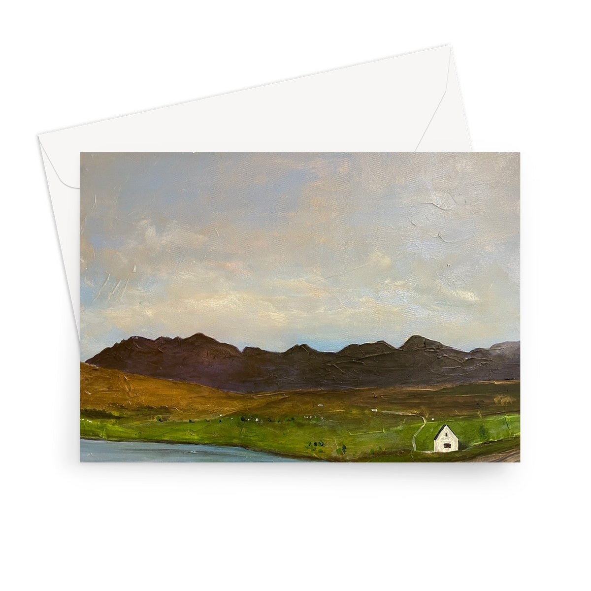 The Road To Carbost greeting card with impressionistic mountain landscape