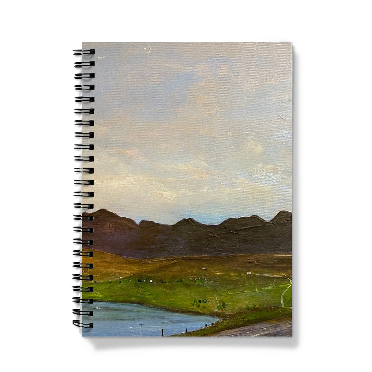 The Road To Carbost Notebook with painted green hills, lake, and mountains