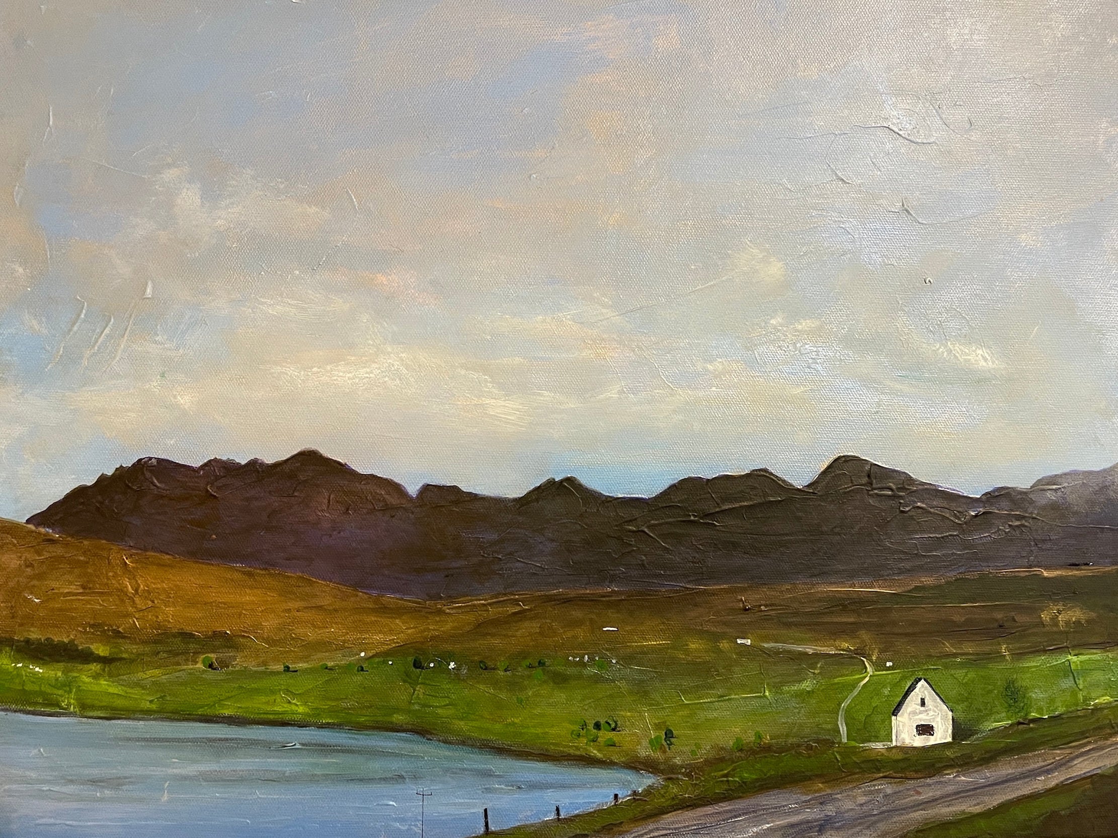 Landscape painting featuring a white house titled The Road To Carbost Original Painting