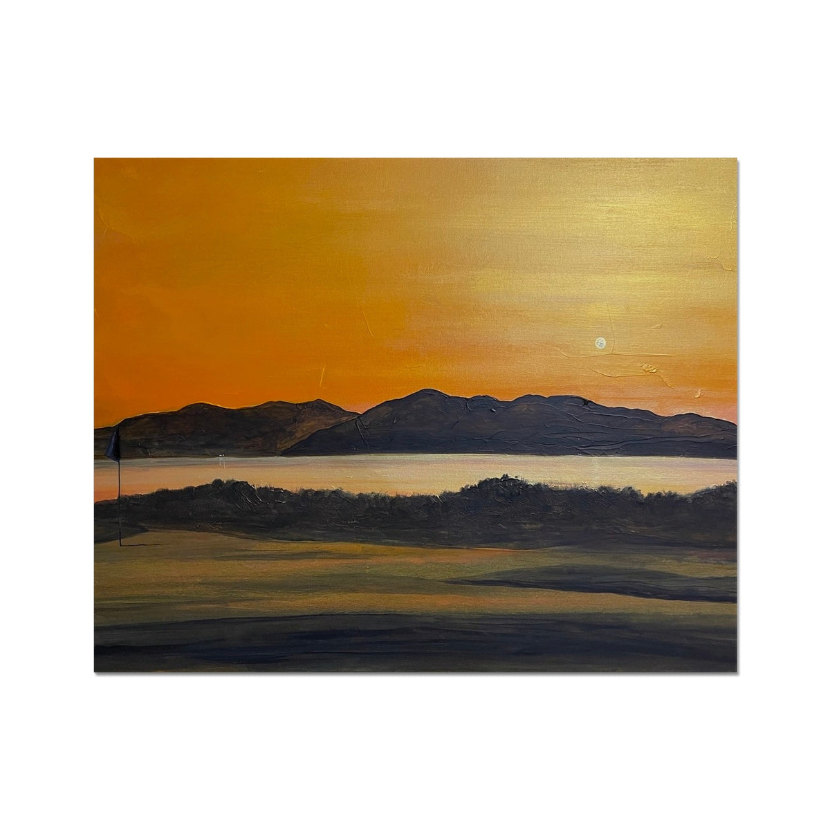 Oil painting of Royal Troon Golf Course 5th Green at sunset over water with mountains