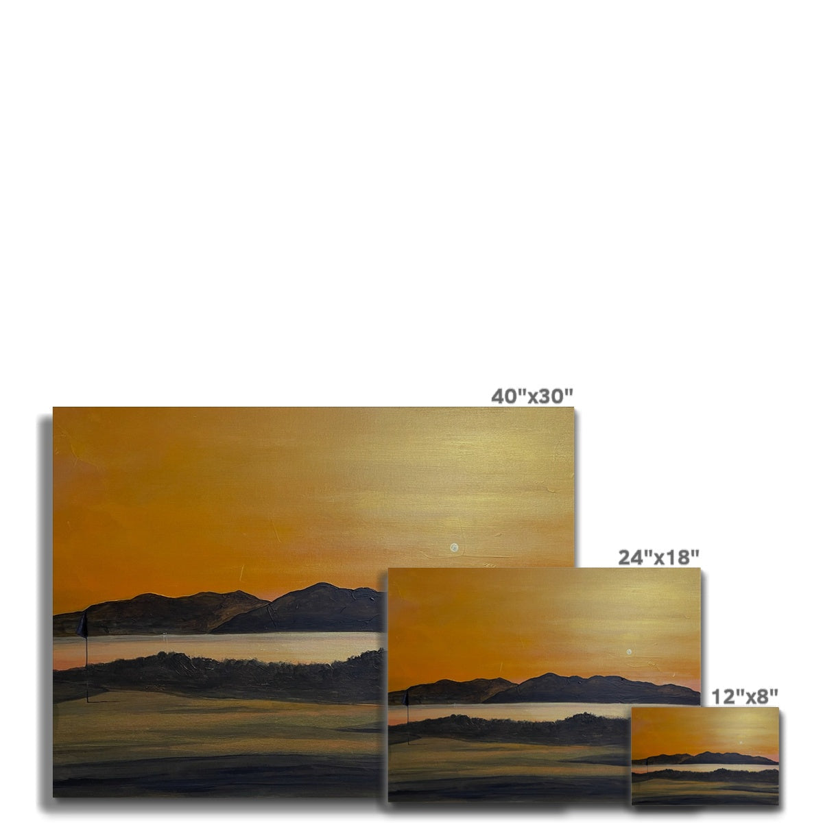 Three landscape sunset paintings over mountains and water on Royal Troon Golf Course 5th Green Canvas