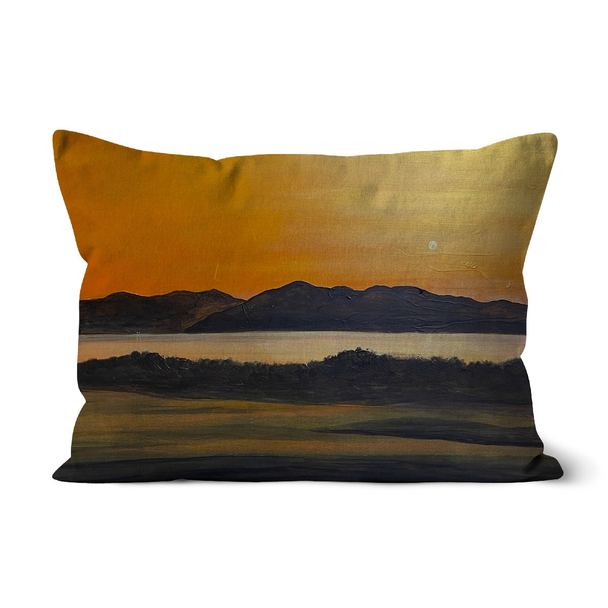 Decorative rectangular pillow with painted landscape of mountains and water under a warm sunset sky