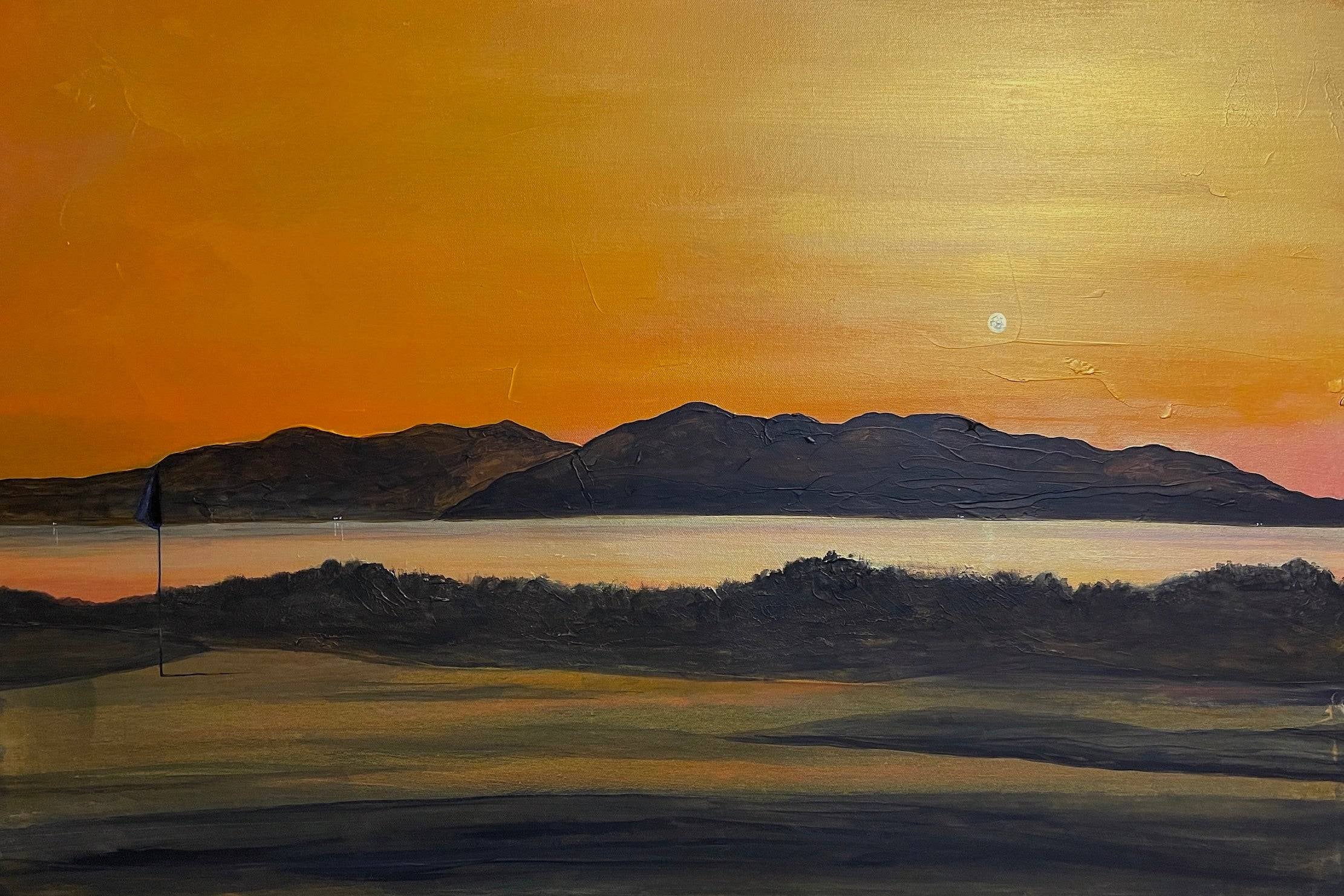 Sunset over mountains and water with a golf course in foreground Royal Troon Wall Art