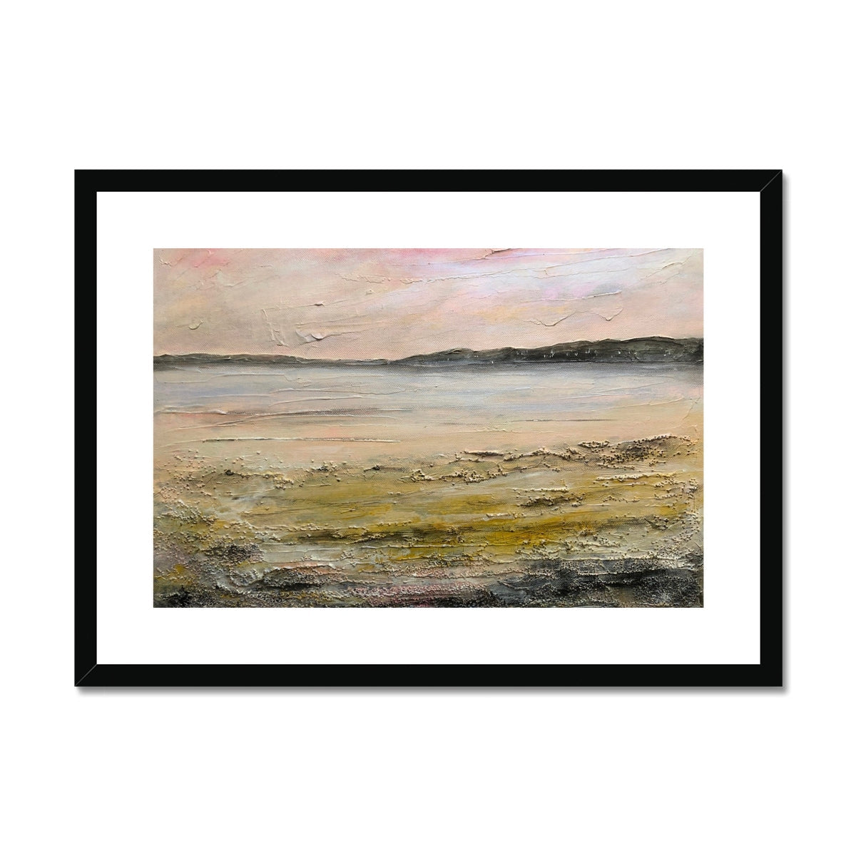 Black framed abstract landscape painting in muted earth tones by Sandgreen Art Prints