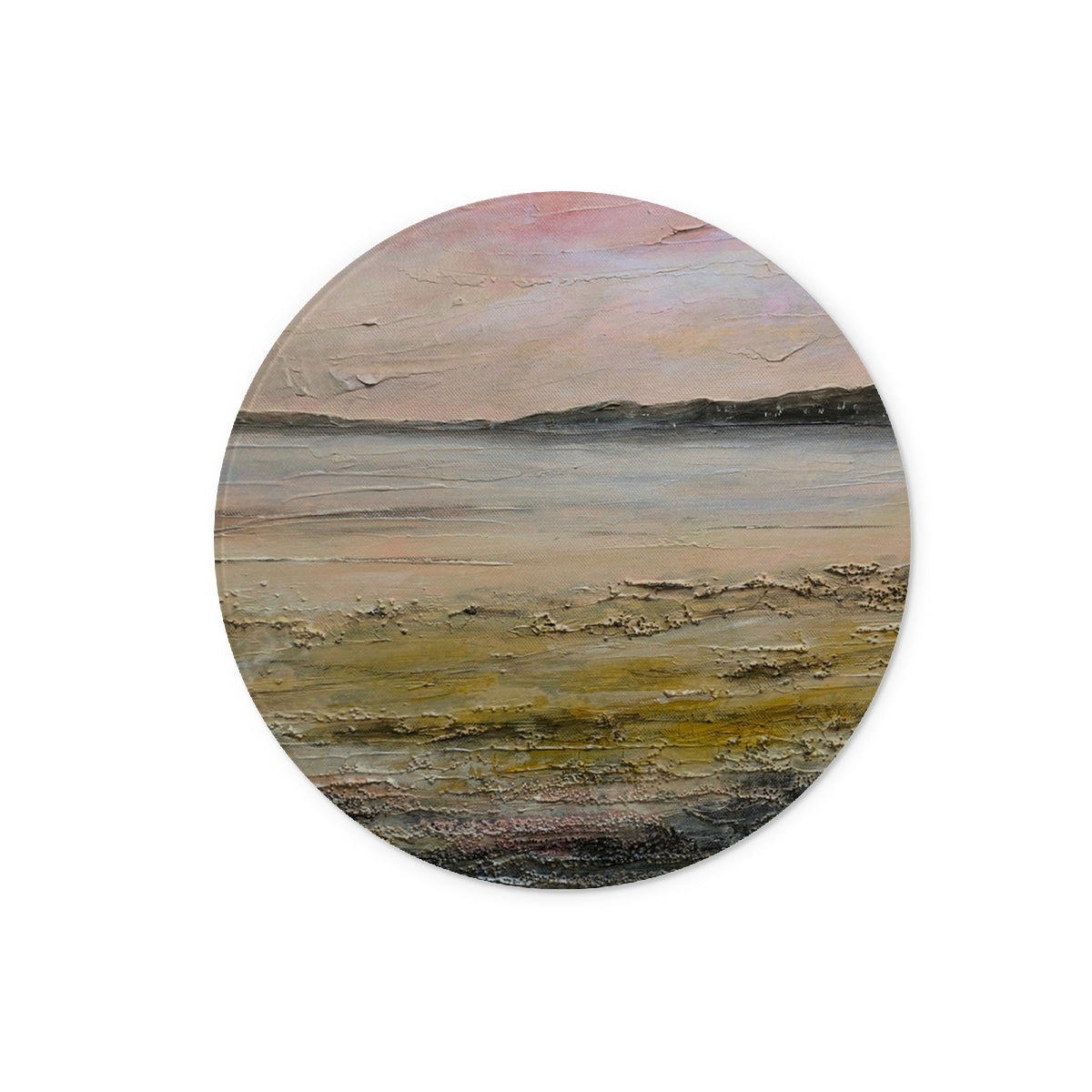 Round beach scene coaster on Sandgreen Glass Chopping Board