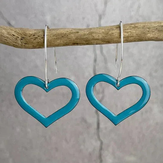Turquoise heart drop earrings with glossy enamel and silver hooks by Lindsay Mcdowall