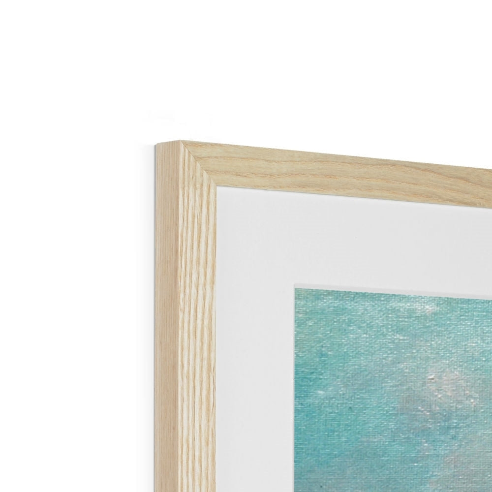 Light oak frame with vertical grain holds white mat and teal Scalpsie Bay abstract art